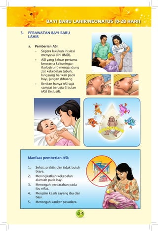 34
BAYI BARU LAHIR/NEONATUS (0-28 HARI)
3.	 PERAWATAN BAYI BARU
LAHIR	
a.	 Pemberian ASI
- 	 Segera lakukan inisiasi
menyusu dini (IMD).
- 	 ASI yang keluar pertama
berwarna kekuningan
(kolostrum) mengandung
zat kekebalan tubuh,
langsung berikan pada
bayi, jangan dibuang.
- 	 Berikan hanya ASI saja
sampai berusia 6 bulan
(ASI Ekslusif).
Manfaat pemberian ASI:
1. Sehat, praktis dan tidak butuh
biaya.
2. Meningkatkan kekebalan
alamiah pada bayi.
3. Mencegah perdarahan pada
ibu nifas.
4.	 Menjalin kasih sayang ibu dan
bayi.
5. Mencegah kanker payudara.
		
KOLOSTRUM
 