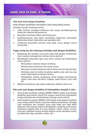 43
Anak dengan disabilitas merupakan anak yang paling rentan
terhadap masalah kesehatan karena:
1. Lebih berisiko mendapat kekerasan dari orang tua/lingkungannya
akibat dari kelainan/kecacatannya.
2. Mengalami hambatan dalam pemenuhan gizi.
3. Ketidakmampuan anak dalam memelihara kebersihan perorangan
(kebersihan tubuh, kebersihan alat reproduksi dll).
4. Cenderung berperilaku berisiko yang tidak sesuai dengan norma
masyarakat.
Tugas orang tua dan keluarga terhadap anak dengan disabilitas:
1. Melindungi dan memberi rasa aman pada anak dengan memberikan
kasih sayang, semangat dan motivasi secara optimal.
2. Menyediakan kebutuhan agar anak sehat, tumbuh dan berkembang
secara optimal:
- 	 Menyediakan makanan bergizi seimbang
- 	 Memeriksakan kesehatan anak secara teratur
- 	 Memantau tumbuh kembang anak di Puskesmas dan Rumah Sakit
- 	 Membawa anak ke fasilitas kesehatan apabila anak sakit atau ada
tanda-tanda kelainan penyerta lainnya
- 	 Menyediakan fasilitas pendukung sesuai dengan kebutuhannya
seperti; kaca mata, alat bantu, tongkat, sepatu khusus, kursi roda
dll.
3. Melatih kemandirian anak dalam melakukan aktifitas sehari hari.
Pola asuh anak dengan disabilitas di kelompokkan menjadi 3 yaitu:
1. Anak dengan disabilitas kategori MAMPU RAWAT adalah anak dengan
disabilitas yang kondisi secara fisik maupun mental perlu penanganan
tenaga kesehatan dan pendampingan keluarga secara intensif.
2. Anak disabilitas kategori MAMPU LATIH adalah anak dengan disabilitas
yang mampu dilatih melalui terapi dan kegiatan pembiasaan sehingga
anak memahami dan mengerti mana yang boleh dan tidak boleh
dilakukan. Kemampuan anak bisa ditingkatkan, contohnya anak mampu
melakukan kegiatan Bina Diri yang meliputi: mandi, makan, minum,
sikat gigi, meletakan barang-barang miliknya sendiri (peralatan mandi,
peralatan olah raga, peralatan, makan, dll )
Pola Asuh Anak dengan Disabilitas
ANAK USIA 29 HARI - 6 TAHUN
 