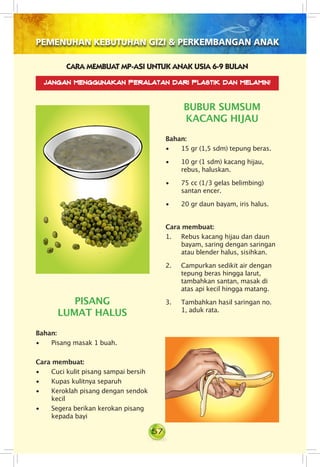 57
PEMENUHAN KEBUTUHAN GIZI & PERKEMBANGAN ANAK
CARA MEMBUAT MP-ASI UNTUK ANAK USIA 6-9 BULAN
Bubur Sumsum
Kacang Hijau
Bahan:
• 15 gr (1,5 sdm) tepung beras.
• 10 gr (1 sdm) kacang hijau,
rebus, haluskan.
• 75 cc (1/3 gelas belimbing)
santan encer.
• 20 gr daun bayam, iris halus.
Cara membuat:
1. Rebus kacang hijau dan daun
bayam, saring dengan saringan
atau blender halus, sisihkan.
2. Campurkan sedikit air dengan
tepung beras hingga larut,
tambahkan santan, masak di
atas api kecil hingga matang.
3. Tambahkan hasil saringan no.
1, aduk rata.
PISANG
LUMAT HALUS
Bahan:
• Pisang masak 1 buah.
Cara membuat:
• Cuci kulit pisang sampai bersih
• Kupas kulitnya separuh
• Keroklah pisang dengan sendok
kecil
• Segera berikan kerokan pisang
kepada bayi
Jangan menggunakan peralatan dari plastik dan melamin!
 