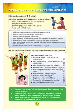 63
PEMENUHAN KEBUTUHAN GIZI & PERKEMBANGAN ANAK
Stimulasi anak usia 3-5 tahun
Dilakukan oleh Ibu, Ayah dan anggota keluarga lainnya:
• Minta anak menceritakan apa yang dilakukan
• Dengarkan anak ketika bicara
• Jika anak gagap, ajari bicara pelan-pelan
• Awasi anak ketika bermain
•	 Lakukan rangsangan/stimulasi setiap saat dalam suasana yang
menyenangkan
•	 Jika pada usia 5 tahun, anak belum bisa melakukan minimal
salah satu hal di atas, bawa anak ke dokter/bidan/perawat.
•	 Bawa anak usia 2-6 tahun setiap 6 bulan ke fasilitas untuk
mendapatkan pelayanan SDIDTK
- 	 Ajak anak mulai melibatkan diri dalam kegiatan bersama.
- 	 Ajarkan anak tentang perbedaan jenis kelamin.
- 	 Ajarkan anak menjaga alat kelaminnya.
- 	 Latih anak tidur terpisah dari orang tua dan anak yang berbeda jenis kelamin.
- 	 Biasakan anak untuk berkata jujur, berterima kasih dan meminta maaf
- 	 Figur ayah sebagai contoh bagi anak laki-laki, dan figur ibu sebagai contoh bagi
anak perempuan.
- 	 Kembangkan kreativitas anak dan kemampuan bergaul.
Diisi oleh keluarga/kader kesehatan, beri tanda √ (centang/rumput) jika anak sudah bisa:
Pada umur 5 tahun, anak bisa:
• Melompat-lompat 1 kaki, menari dan                
berjalan lurus.		
• Menggambar orang 3 bagian (kepala, badan,
tangan/kaki)
• Menggambar tanda silang dan lingkaran
• Menangkap bola kecil dengan kedua tangan
• Menjawab pertanyaan dengan katakata yang
benar		
• Menyebut angka, menghitung jari
• Bicaranya mudah dimengerti
• Berpakaian sendiri tanpa dibantu
• Mengancing baju atau pakaian boneka
• Menggosok gigi tanpa bantuan
 