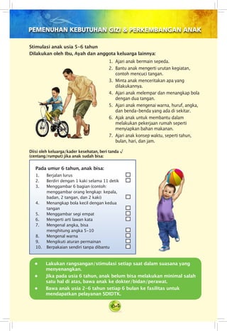 64
PEMENUHAN KEBUTUHAN GIZI & PERKEMBANGAN ANAK
Dilakukan oleh Ibu, Ayah dan anggota keluarga lainnya:
•	 Lakukan rangsangan/stimulasi setiap saat dalam suasana yang
menyenangkan.
•	 Jika pada usia 6 tahun, anak belum bisa melakukan minimal salah
satu hal di atas, bawa anak ke dokter/bidan/perawat.
•	 Bawa anak usia 2-6 tahun setiap 6 bulan ke fasilitas untuk
mendapatkan pelayanan SDIDTK.
Pada umur 6 tahun, anak bisa:
1. Berjalan lurus
2. Berdiri dengan 1 kaki selama 11 detik
3. Menggambar 6 bagian (contoh:
menggambar orang lengkap: kepala,   
badan, 2 tangan, dan 2 kaki)
4. Menangkap bola kecil dengan kedua   
tangan	
5. Menggambar segi empat
6. Mengerti arti lawan kata
7. Mengenal angka, bisa                     
menghitung angka 5-10
8. Mengenal warna
9. Mengikuti aturan permainan
10. Berpakaian sendiri tanpa dibantu
Diisi oleh keluarga/kader kesehatan, beri tanda √
(centang/rumput) jika anak sudah bisa:
Stimulasi anak usia 5-6 tahun
1. Ajari anak bermain sepeda.
2. Bantu anak mengerti urutan kegiatan,
contoh mencuci tangan.
3. Minta anak menceritakan apa yang
dilakukannya.
4.	 Ajari anak melempar dan menangkap bola
dengan dua tangan.
5. Ajari anak mengenai warna, huruf, angka,
dan benda-benda yang ada di sekitar.
6. Ajak anak untuk membantu dalam
melakukan pekerjaan rumah seperti
menyiapkan bahan makanan.
7. Ajari anak konsep waktu, seperti tahun,
bulan, hari, dan jam.
 