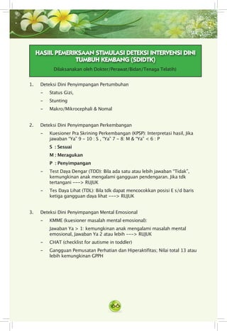 66
1. Deteksi Dini Penyimpangan Pertumbuhan
- 	 Status Gizi,
- 	 Stunting
- 	 Makro/Mikrocephali & Nomal
2. Deteksi Dini Penyimpangan Perkembangan
- 	 Kuesioner Pra Skrining Perkembangan (KPSP): Interpretasi hasil, Jika
jawaban “Ya” 9 - 10 : S , “Ya” 7 - 8: M & “Ya” < 6 : P	
S : Sesuai	
M : Meragukan	
P : Penyimpangan
- 	 Test Daya Dengar (TDD): Bila ada satu atau lebih jawaban “Tidak”,
kemungkinan anak mengalami gangguan pendengaran. Jika tdk
tertangani ---> RUJUK
- 	 Tes Daya Lihat (TDL): Bila tdk dapat mencocokkan posisi E s/d baris
ketiga gangguan daya lihat ---> RUJUK
3. Deteksi Dini Penyimpangan Mental Emosional
- 	 KMME (kuesioner masalah mental emosional):
Jawaban Ya > 1: kemungkinan anak mengalami masalah mental
emosional, Jawaban Ya 2 atau lebih ---> RUJUK
- 	 CHAT (checklist for autisme in toddler)
- 	 Gangguan Pemusatan Perhatian dan Hiperaktifitas; Nilai total 13 atau
lebih kemungkinan GPPH
HASIIL PEMERIKSAAN STIMULASI DETEKSI INTERVENSI DINI
TUMBUH KEMBANG (SDIDTK)
Dilaksanakan oleh Dokter/Perawat/Bidan/Tenaga Telatih)
 