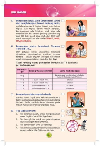 2
6. 	 Penentuan status Imunisasi Tetanus
Toksoid (TT),
	 oleh petugas untuk selanjutnya bilamana
diper­lukan mendapatkan suntikan tetanus
toksoid sesuai anjuran petugas kesehatan
untuk mencegah tetanus pada Ibu dan Bayi.
Imunisasi
TT
Selang Waktu Minimal Lama Perlindungan
TT 1
Langkah awal pembentukan kekebalan
tubuh terhadap penyakit Tetanus
TT 2 1 bulan setelah TT 1 3 tahun
TT 3 6 bulan setelah TT 2 5 tahun
TT 4 12 bulan setelah TT 3 10 tahun
TT 5 12 bulan setelah TT 4 >25 tahun
7. 	 Pemberian tablet tambah darah,
	 dan ibu hamil  sejak awal kehamilan minum 1
tablet tambah darah setiap hari minimal selama
90 hari. Tablet tambah darah diminum pada
malam hari untuk mengurangi rasa mual.
8. 	 Tes laboratorium:
1. 	 Tes golongan darah, untuk memper­siapkan
donor bagi ibu hamil bila diper­lukan.
2. 	 Tes hemoglobin, untuk mengetahui apakah
ibu kekurangan darah (Anemia).
3. 	 Tes pemeriksaan urine (air kencing).
4.  	 Tespemeriksaandarahlainnya,sesuaiindikasi
seperti malaria, HIV, Sifilis dan lain lain.
Tabel rentang waktu pemberian immunisasi TT dan lama
perlindungannya:
IBU HAMIL
5. 	 Penentuan letak janin (presentasi janin)
dan penghitungan denyut jantung janin,
	 apabila trimester III bagian bawah janin bukan
kepala atau kepala belum masuk panggul,
kemungkinan ada kelainan letak atau ada
masalah lain. Bila denyut jantung janin kurang
dari 120 kali/menit atau lebih dari 160 kali/
menit menunjukkan ada tanda GAWAT JANIN,
SEGERA RUJUK.
 