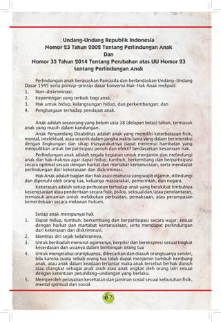 87
Undang-Undang Republik Indonesia
Nomor 23 Tahun 2002 Tentang Perlindungan Anak
Dan
Nomor 35 Tahun 2014 Tentang Perubahan atas UU Nomor 23
tentang Perlindungan Anak
Perlindungan anak berasaskan Pancasila dan berlandaskan Undang-Undang
Dasar 1945 serta prinsip-prinsip dasar konvensi Hak-Hak Anak meliputi:
1. Non-diskriminasi;
2. Kepentingan yang terbaik bagi anak;
3. Hak untuk hidup, kelangsungan hidup, dan perkembangan; dan
4.	 Penghargaan terhadap pendapat anak.
Anak adalah seseorang yang belum usia 18 (delapan belas) tahun, termasuk
anak yang masih dalam kandungan.
Anak Penyandang Disabilitas adalah anak yang memiliki keterbatasan fisik,
mental, intelektual, atau sesorik dalam jangka waktu lama yang dalam berinteraksi
dengan lingkungan dan sikap masyarakatnya dapat menemui hambatan yang
menyulitkan untuk berpartisipasi penuh dan efektif berdasarkan kesamaan hak.
Perlindungan anak adalah segala kegiatan untuk menjamin dan melindungi
anak dan hak-haknya agar dapat hidup, tumbuh, berkembang dan berpartisipasi
secara optimal sesuai dengan harkat dan martabat kemanusiaan, serta mendapat
perlindungan dari kekerasaan dan diskriminasi.
Hak Anak adalah bagian dari hak asasi manusia yang wajib dijamin, dilindungi
dan dipenuhi oleh orang tua, keluarga masyarakat, pemerintah, dan negara.
Kekerasan adalah setiap perbuatan terhadap anak yang berakibat tim­bulnya
kesengsaraan atau penderitaan secara fisik, psikis, seksual dan/atau penelantaran,
termasuk ancaman untuk melakukan perbuatan, pemaksaan, atau perampasan
kemerdekaan secara melawan hukum.
Setiap anak mempunyai hak
1. Dapat hidup, tumbuh, berkembang dan berpartisipasi secara wajar, sesuai
dengan harkat dan martabat kemanusiaan, serta mendapat perlindungan
dari kekerasan dan diskriminasi.
2. Identitas diri sejak kelahirannya.
3. Untuk beribadah menurut agamanya, berpikir dan berekspresi sesuai tingkat
kecerdasan dan usianya dalam bimbingan orang tua
4. Untuk mengetahui orangtuanya, dibesarkan dan diasuh orangtuanya sendiri,
bila karena suatu sebab orang tua tidak dapat menjamin tumbuh kembang
anak, atau anak dalam keadaan terlantar maka anak tersebut berhak diasuh
atau diangkat sebagai anak asuh atau anak angkat oleh orang lain sesuai
dengan ketentuan perundang-undangan yang berlaku.
5. Memperoleh pelayanan kesehatan dan jaminan sosial sesuai kebutuhan fisik,
mental spiritual dan sosial.
 