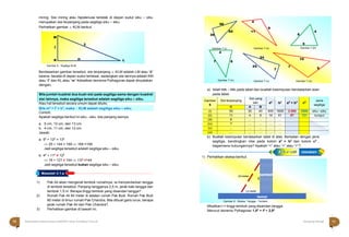 Halaman 10 KAMPUNG PELANGI Halaman 11 KAMPUNG PELANGI
A
A
ltle
te
rn
rn
at
a
if
tif Jawaban
10 Matematika Paket B Setara SMP/MTs Kelas VIII Modul Tema 8 Kampung Pelangi 11
Masalah 3.1.a
miring. Sisi miring atau hipotenusa terletak di depan sudut siku – siku
merupakan sisi terpanjang pada segitiga siku – siku.
Perhatikan gambar △ KLM berikut.
Gambar 6 ; Segitiga KLM
Berdasarkan gambar tersebut, sisi terpanjang △ KLM adalah LM atau “k”
karena berada di depan sudut terbesar, sedangkan sisi lainnya adalah KM
atau “l” dan KL atau “m” Kebalikan teorema Pythagoras dapat dinyatakan
dengan;
Atau hal tersebut secara umum dapat ditulis;
Bila m2
+ l2
= k2
, maka △ KLM adalah segitiga siku – siku.
Contoh;
Apakah segitiga berikut ini siku - siku, bila panjang sisinya;
a. 5 cm, 12 cm, dan 13 cm.
b. 4 cm, 11 cm, dan 12 cm
Jawab:
a. 52
+ 122
= 132
 25 + 144 = 169  169 =169
Jadi segitiga tersebut adalah segitiga siku – siku.
b. 42
+ 112
≠ 122
 16 + 121 ≠ 144  137 ≠144
Jadi segitiga tersebut bukan segitiga siku – siku.
1) Pak Ali akan mengecat tembok rumahnya, ia menyandarkan tangga
di tembok tersebut. Panjang tangganya 2,5 m, jarak kaki tangga dan
tembok 1,5 m. Berapa tinggi tembok yang disandari tangga?
2) Rumah Pak Ali 60 meter di selatan rumah Pak Budi. Rumah Pak Budi
80 meter di timur rumah Pak Chandra. Bila dibuat garis lurus, berapa
jarak rumah Pak Ali dari Pak Chandra?.
3) Perhatikan gambar di bawah ini,
a) Isilah titik – titik pada tabel dan buatlah kesimpulan berdasarkan isian
pada tabel.
Gambar
6
Sisi terpanjang
Sisi yang
lain a2 b2 a2
+ b2
c2 Jenis
segitiga
C A B
(i) 50 30 40 900 1600 2.500 2500 siku –siku
(ii) 11 4 9 16 81 97 121 tumpul
(iii) 6 … … … …
(iv) 7 … … … …
(v) … … … … …
(vi) … … … … …
b) Buatlah kesimpulan berdasarkan tabel di atas. Berkaitan dengan jenis
segitiga, bandingkan nilai pada kolom a2
+ b2
dan kolom c2
,
bagaimana hubungannya? Apakah “=” atau “<” atau “>”?.
1) Perhatikan sketsa berikut.
Misalkan t = tinggi tembok yang disandari tangga.
Menurut teorema Pythagoras:1,52
+ t2
= 2,52
Bila jumlah kuadrat dua buah sisi pada segitiga sama dengan kuadrat
sisi lainnya, maka segitiga tersebut adalah segitiga siku – siku.
M
l
k
K m L
40
4
30
50 11
9
6
4
Gambar 7 (i)
4
Gambar 7 (ii)
5
Gambar 7 (iii)
24
7 6
10
25
7
7 5
Gambar 7 (iv) Gambar 7 (v) Gambar 7 (vi)
2,5 meter tembok
t
1,5 meter
Gambar 8 ; Sketsa Tangga - Tembok
lantai
 