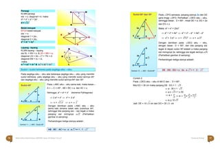 Halaman 16 KAMPUNG PELANGI
Halaman 17 KAMPUNG PELANGI
Sudut 60o dan 30o
G
2a
30o
x
D
.
60o
a
 E F
a
G
2a
30o
a√3
D
60o
a
 E
Gambar 12 ; △ ABC - Sudut 60o
Pada △DFG samasisi, panjang sisinya 2a dan GE
garis tinggi △DFG. Perhatikan △DEG siku – siku,
sehingga besar˶ D = 60o , misal DE = a, DG = 2a
dan EG = x.
Maka; a2 + x2 = (2a)2
 a2 + x2 = 4a2  a2 + x2 – a2 = 4a2 – a2
 x2
= 3 a2
 x = √3 a2  x = 𝑎√3
Dengan demikian pada △DEG siku – siku,
dengan besar˶ D = 60o, dan bila panjang sisi
tegak di depan sudut 30o adalah a maka panjang
sisi miringnya 2a, sehingga sisi tegak lainnya 𝑎√3
(Perhatikan gambar di samping)
Perbandingan ketiga sisinya adalah;
DE : DG : EG = a : 2a : a √3 = 1 : 2 : √3
Sudut – sudut istimewa pada segitiga siku – siku
Persegi
KLMN persegi
sisi = s, diagonal = d, maka;
d2
= s2
+ s2
= 2s2
d = √2𝑠2
Belah ketupat
EFGH belah ketupat
sisi = s
diagonal 1 = 2d1,
diagonal 2 = 2d2,
s2
= d1
2
+ d2
2
Layang - layang
KLMN layang – layang
sisi KL = KN = s1 & LM = MN = s2
diagonal LN = 2d1, LT = TN = d1
diagonal KM = d2 + d3 ,
maka;
s1
2
= d2
2
+ d1
2
& s2
2
= d3
2
+ d1
2
Pada segitiga siku – siku ada beberapa segitiga siku – siku yang memiliki
sudut istimewa, yaitu segitiga siku – siku yang memiliki sudut lainnya 45o
dan segitiga siku – siku yang memiliki sudut lainnya 60o
dan 30o
.
Pada △ABC siku – siku sama kaki, maka besar˶
A = ˶ C = 45o
, AB = BC = a, dan AC = x.
Sehingga; a2
+ a2
= x2
(teorema Pythagoras)
Contoh 2
Pada △DEG siku – siku di titik E dan ˶ D = 60o.
Bila EG = 30 cm maka panjang DE : EG = 1 : √3 .
 a : 30 = 1 : √3
 a x √3 = 1 x 30
 a = 30
 a =
30
x
√3
=
30√3
 2 a2
= x2
 x2
= 2 a2
 x = √2 a2  x = 𝑎 2
Dengan demikian pada △ABC siku – siku
sama kaki dimana salah satu sudutnya 45o
,
sehingga bila panjang sisi – sisi tegak a maka
panjang sisi miringnya 𝑎√2 (Perhatikan
gambar di samping).
Perbandingan ketiga sisinya adalah ;
√3
 a = 10 √3
Jadi DE = 10 √3 cm dan DG = 20 √3 cm
√3 √3 3
AB : BC : AC = a : a : a√2 == 1 : 1 : √2
N M
K L
s
d
E
s
H
d1
d2
d1 d2
G
F
N
s1
d
s2
1
K d2 T
d1
d3
M
L
Sudut 45o
. C
45o
x
a
A 45o a 
B
C
45o
a√2 a
A 45o a  B
Gambar 11 ; △ ABC - Sudut 45o
16 Matematika Paket B Setara SMP/MTs Kelas VIII Modul Tema 8 Kampung Pelangi 17
 