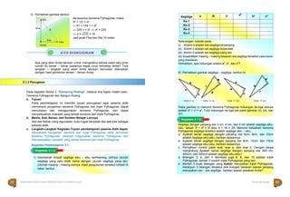 Halaman 22 KAMPUNG PELANGI
Halaman 23 KAMPUNG PELANGI
1) Gambarlah empat segitiga siku – siku sembarang, artinya ukuran
segitiga yang satu tidak sama dengan ukuran segitiga yang lain.
Ukurlah masing – masing sisinya. Hasil pengukuran tersebut tulislah di
tabel berikut.
2.1.2 Penugasan
Kegiatan 3.1.a
3) Perhatikan gambar berikut.
 Nia
Berdasarkan teorema Pythagoras, maka;
92
+ 122
= d2
 81 + 144 = = d2
12 m
d

9 m
Dinda
 Fika
 225 = = d2
 d2
= 225
 d = √225 = 15
Jadi jarak Fika dan Nia 15 meter.
Apa yang akan Anda lakukan untuk mengetahui bahwa salah satu pintu
rumah itu benar – benar posisinya tegak lurus terhadap lantai? Tulis
langkah – langkah yang akan Anda lakukan kemudian diskusikan
dengan hasil pemikiran teman – teman Anda.
Pada kegiatan Modul 3. “Kampung Pelangi”, meliputi dua kajian materi yaitu;
Teorema Pythagoras dan Bangun Ruang.
a. Tujuan
Pada pembelajaran ini memiliki tujuan penugasan agar peserta didik
memahami pengertian teorema Pythagoras dan tripel Pythagoras, dapat
menuliskan dan menggunakan teorema Pythagoras, dan dapat
menyelesaikan masalah yang terkait teorema dan triple Pythagoras.
b. Media, Alat, Bahan, dan Sumber Belajar Lainnya
Alat dan Bahan yang digunakan: buku tugas berpetak dan alat tulis sebagai
peserta didik.
c. Langkah-Langkah Kegiatan Tujuan pembelajaran peserta didik dapat:
Memahami Pengertian teorema dan tripel Pythagoras serta penulisan
teorema Pythagoras, terampil megunakan teorema Pythagoras dan
menyelesaikan masalah yang terkait teorema dan tripel Pythagoras.
Kegiatan Pembelajaran 3.1.
Segitiga dengan panjang sisi 3 cm, 4 cm, dan 5 cm adalah segitiga siku-
siku, sebab 32
+ 42
= 52
atau 9 + 16 = 25. Menurut kebalikan teorema
Pythagoras segitiga tersebut adalah segitiga siku – siku.
a. Apakah benar segitiga dengan panjang sisi 6cm, 8cm, dan 10cm
adalah segitiga siku-siku, berikan alasannya.
b. Apakah benar segitiga dengan panjang sisi 9cm, 12cm, dan 15cm
adalah segitiga siku-siku, berikan alasannya.
c. Perhatikan contoh pada soal, soal a, dan soal b. Dengan tanpa
menghitung Apakah benar segitiga dengan panjang sisi 300 cm,
400cm, dan 500cm adalah segitiga siku-siku?.
d. Bilangan 3, 4, dan 5 demikian juga 6, 8, dan 10 adalah tripel
Pythagoras, berilah 3 contoh tripel Pythagoras yang lain.
e. Berilah 3 buah bilangan yang bukan merupakan tripel Pythagoras,
meskipun 3 bilangan tersebut bila menjadi besaran satuan panjang
merupakan sisi – sisi segitiga, berikan alasan jawaban Anda?
22 Matematika Paket B Setara SMP/MTs Kelas VIII Modul Tema 8 Kampung Pelangi 23
Keterangan, tulislah pada;
(i) Kolom a adalah sisi segitiga terpanjang
(ii) Kolom c adalah sisi segitiga terpendek
(iii) Kolom b adalah sisi segitiga yang lain
(iv) Kuadratkan masing – masing besaran sisi segitiga tersebut pada kolom
yang disediakan.
Perhatikan, apa hubungan antara a2
, b2
, dan c2
?
2) Perhatikan gambar segitiga – segitiga berikut ini
q p
b a
r q
a
c
p
b
c
r
Gmb.17 (i) Gmb. 17 (ii) Gmb 17. (iii) Gmb. 17 (iv)
Pada gambar (i) menurut teorema Pythagoras hubungan ke-tiga sisinya
adalah b2
+ c2
= a2
. Tulis hubungan ke-tiga sisi pada gambar (ii), (iii), dan
(iv).
Kegiatan 3.1.b
Segitiga a B C a2
b2 c2
Ke-1
Ke-2
Ke-3
Ke-4
 