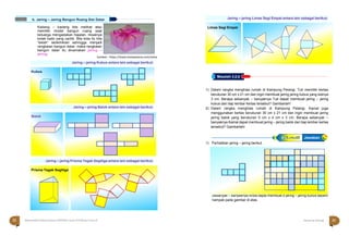 Halaman 32 KAMPUNG PELANGI Halaman 33 KAMPUNG PELANGI
21 cm
30 cm
Sebanyak – banyaknya Anda dapat membuat 8 jaring – jaring kubus seperti
nampak pada gambar di atas.
32 Matematika Paket B Setara SMP/MTs Kelas VIII Modul Tema 8 Kampung Pelangi 33
Prisma Tegak Segitiga
A
A
ltle
te
rn
ra
nt
a
if
tif Jawaban
Masalah 3.2.b
Jaring – jaring Limas Segi Empat antara lain sebagai berikut;
Kadang – kadang kita melihat atau
memiliki model bangun ruang saat
keluarga mengadakan hajatan, misalnya
kotak kado yang cantik. Bila kota itu kita
“belah” sedemikian sehingga menjadi
rangkaian bangun datar, maka rangkaian
bangun datar itu dinamakan jaring –
jaring.
Sumber: https://www.kompasiana.com/selsa
Jaring – jaring Kubus antara lain sebagai berikut:
Jaring – jaring Balok antara lain sebagai berikut;
Jaring – jaring Prisma Tegak Segitiga antara lain sebagai berikut;
1) Dalam rangka menghias rumah di Kampung Pelangi, Tuti memiliki kertas
berukuran 30 cm x 21 cm dan ingin membuat jaring jaring kubus yang sisinya
3 cm. Berapa sebanyak – banyaknya Tuti dapat membuat jaring – jaring
kubus dari tiap lembar kertas tersebut? Gambarlah!
2) Dalam rangka menghias rumah di Kampung Pelangi, Kamal juga
menggunakan kertas berukuran 30 cm x 21 cm dan ingin membuat jaring
jaring balok yang berukuran 5 cm x 4 cm x 3 cm. Berapa sebanyak –
banyaknya Kamal dapat membuat jaring – jaring balok dari tiap lembar kertas
tersebut? Gambarlah!
1) Perhatikan jaring – jaring berikut.
Balok
b. Jaring – Jaring Bangun Ruang Sisi Datar
Kubus
Limas Segi Empat
 