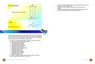 Halaman 54 KAMPUNG PELANGI
Halaman 55 KAMPUNG PELANGI
Limas T
D C
Vlimas =
1
x Lalas x tlimas A P B
3
F. Saran Referensi
3. Judul Buku: “Referensi Matematika dalam Kehidupan Manusia”, Karya Dr.
Wahyudin dan Drs. Sudrajat, M.Pd.
4. Judul Buku: “Menyelamatkan Lingkungan Hidup”, Karya Adrian R.
Nugraha
5. Sumber media internet (melalui browsing: bilangan bulat, pecahan, dan
himpunan penerapannya dalam kehidupan sehari-hari)
Untuk menambah wawasan dalam pemahaman terkait Modul 3 yang meliputi
materi Teorema Pythagoras dan Bangun Ruang Sisi Datar, maka diharapkan
mencari sumber lain atau referensi. Saran referensi untuk mendukung
penambahan wawasan tersebu adalah sebagai berikut:
1. Judul Buku: “Ensiklopedia Matematika Terapan”, Karya Sue Thomshon
dan Ian Fortster, dengan judul tema terjemahan:
a. Matematika dalam Masyarakat
b. Matematika dalam Olahraga
c. Matematika dalam Lingkungan
d. Matematika dalam Tempat Kerja
e. Matematika dalam Makanan
f. Matematika dalam Rancang Bangun
g. Matematika dalam Televisi
h. Matematika dalam Sains
i. Matematika dalam Teknologi
j. Matematika dalam Perjalanan
k. Matematika dalam Rumah
l. Matematika dalam Tubuh
2. Judul Buku: “Tingkatkan Kemampuan Otak Anda (Improve Your Brain
Power)”, Karya Jackie Guthrie dan Tim Preston
S
Prisma Tegak Segitiga
P Q
Vprisma = L alas prisma x tprisma
t
l
K
N
p L
54 Matematika Paket B Setara SMP/MTs Kelas VIII Modul Tema 8 Kampung Pelangi 55
 