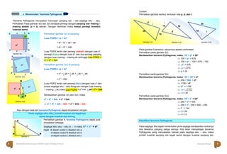 Halaman 8 KAMPUNG PELANGI Halaman 9 KAMPUNG PELANGI
Kebalikan teorema Pythagoras
Teorema Pythagoras merupakan hubungan panjang sisi – sisi segitiga siku – siku,
Perhatikan Pada gambar 3(i) dan 3(ii) terdapat persegi dengan panjang sisi masing –
masing adalah (a + b) satuan. Dengan demikian maka kedua persegi tersebut
luasnya sama.
Contoh:
Perhatikan gambar berikut, tentukan nilai p, d, dan t.
Perhatikan gambar 3(i) di samping
Luas PQRS = (a + b)2
= a2
+ b2
+ ab + ab
= a2
+ b2
+ 2ab
Luas PQRS terdiri dari persegi (merah) dengan luas a2
,
persegi (hijau) dengan luas b2
, dan dua persegi panjang
dengan luas masing – masing ab sehingga luas PQRS =
a2
+ b2
+ 2ab
Perhatikan gambar 3(ii) di samping
Luas PQRS = (a + b)2
= c2
+ 1 ab + 1 ab + 1 ab + 1 ab
2 2 2 2
= c2
+ 2ab
Luas PQRS terdiri dari persegi (biru) dengan luas c2
dan
empat segitiga siku – siku kongruen dengan luas masing
Pada gambar 5 tersebut, satuannya adalah centimeter.
Perhatikan pada gambar 5(i)
Berdasarkan teorema Pythagoras, maka: 102
+ p2
= 262
 100 + p2
= 676
 100 + p2
– 100 = 676 – 100
 p2
= 576
 p = √576
 p = 24
Perhatikan pada gambar 5(ii)
Berdasarkan teorema Pythagoras, maka: 162
+ 302
= d2
 256 + 900 = d2
 1156 = d2
 d2
= 1156
– masing 1 ab,maka
2
= c2
+ 4 . 1 ab= c2
+ 2ab
2  d = √1256
Berdasarkan gambar 3(i) dan 3(ii), maka: Perhatikan pada gambar 5(iii)
 d = 34
a2
+ b2
+ 2ab = c2
+ 2ab
 a2
+ b2
+ 2ab – 2ab = c2
+ 2ab – 2ab
Atau dengan kata lain teorema Pythagoras dapat dinyatakan dengan:
Perhatikan gambar 4, teorema Pythagoras dapat pula
dinyatakan sebagai:
Berdasarkan teorema Pythagoras, maka: 162
+ t2
= 202
 256 + t2
= 400
 256 + t2
- 256 = 400 – 256
 t2
= 144
 t =144
 t = 12
Pada segitiga, kita dapat menentukan jenis segitiga berdasarkan sudutnya
bila diketahui panjang ketiga sisinya. Kita telah mempelajari teorema
Pythagoras yang menyatakan bahwa pada segitiga siku – siku maka
jumlah kuadrat panjang sisi tegak sama dengan kuadrat panjang sisi
Pada segitiga siku-siku, jumlah kuadrat sisi tegaknya
sama dengan kuadrat sisi miring.
a. Menemukan Teorema Pythagoras
C
b
a
A  c
Gambar 4
B
a2
a
S a b R
b
a
P a
Gambar 3(i)
S
b
b Q
R
c2
a c
P b a
Gambar 3(ii)
Q
B
c c2
C
 b
A
Gambar 3(iii)
a2
b2
b2
p

 
16
20
30
26 d 16
10
t

.
Gambar 5 (i) Gambar 5 (ii) Gambar 5 (iii)
8 Matematika Paket B Setara SMP/MTs Kelas VIII Modul Tema 8 Kampung Pelangi 9
Segitiga ABC siku – siku di ˶ A maka: b2
+ c2
= a2
Ingat: di depan sudut A disebut sisi a
di depan sudut B disebut sisi b
di depan sudut C disebut sisi c
luas PQRS
 