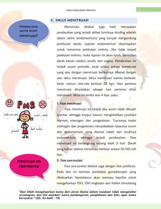 “Dan Allah mengeluarkan kamu dari perut ibumu dalam keadaan tidak mengetahui
sesuatupun, dan Dia memberi kamu pendengaran, penglihatan dan hati, agar kamu
bersyukur.” (QS. An-Nahl : 78)
12Sistem Reproduksi Manusia
C. SIKLUS MENSTRUASI
Menstruasi disebut juga haid merupakan
pendarahan yang terjadi akibat luruhnya dinding sebelah
dalam rahim (endometrium) yang banyak mengandung
pembuluh darah. Lapisan endometrium dipersiapkan
untuk menerima pelekatan embrio. Jika tidak terjadi
pelekatan embrio, maka lapisan ini akan luruh, kemudian
darah keluar melalui serviks dan vagina. Pendarahan ini
terjadi secara periodik, jarak waktu antara menstruasi
yang satu dengan menstruasi berikutnya dikenal dengan
satu siklus menstruasi. Siklus menstruasi wanita berbeda-
beda, namun rata-rata berkisar 28 hari. Hari pertama
menstruasi dinyatakan sebagai hari pertama siklus
menstruasi. Siklus ini terdiri atas 4 fase, yaitu:
1. Fase menstruasi
Fase menstruasi ini terjadi jika ovum tidak dibuahi
sperma, sehingga korpus luteum menghentikan produksi
hormon esterogen dan progesteron. Turunnya kadar
esterogen dan progesteron menyebabkan lepasnya ovum
dari endometrium yang disertai robek dan luruhnya
endometrium, sehingga terjadi pendarahan. Fase
menstruasi ini berlangsung kurang lebih 5 hari. Darah
yang keluar selama menstruasi berkisar antara 50-150 mili
liter.
2. Fase pra-ovulasi
Fase pra-ovulasi disebut juga dengan fase poliferasi.
Pada fase ini hormon pembebas gonadotropin yang
dikeluarkan hipotalamus akan memacu hipofise untuk
mengeluarkan FSH. FSH singkatan dari folikel stimulating
Mengapa pada
wanita terjadi
menstruasi?
Menstruasi ada
fase-fasenya?
 
