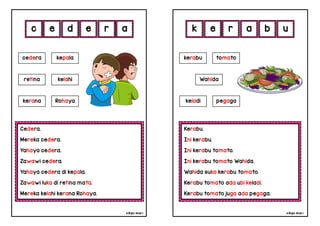 cikgu mia® cikgu mia®
Kerabu.
Ini kerabu.
Ini kerabu tomato.
Ini kerabu tomato Wahida.
Wahida suka kerabu tomato.
Kerabu tomato ada ubi keladi.
Kerabu tomato juga ada pegaga.
kerabu tomato
Wahida
e r a b
Cedera.
Mereka cedera.
Yahaya cedera.
Zawawi cedera.
Yahaya cedera di kepala.
Zawawi luka di retina mata.
Mereka kelahi kerana Rohaya.
c e d e
cedera kepala
r u
a k
kerana Rohaya keladi pegaga
retina kelahi
 