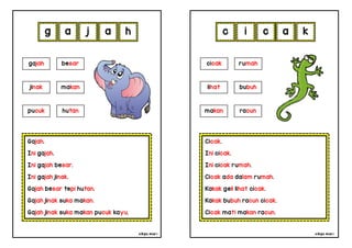 cikgu mia® cikgu mia®
Cicak.
Ini cicak.
Ini cicak rumah.
Cicak ada dalam rumah.
Kakak geli lihat cicak.
Kakak bubuh racun cicak.
Cicak mati makan racun.
cicak rumah
lihat bubuh
c i c a
Gajah.
Ini gajah.
Ini gajah besar.
Ini gajah jinak.
Gajah besar tepi hutan.
Gajah jinak suka makan.
Gajah jinak suka makan pucuk kayu.
g a j a
makan racun
gajah besar
jinak makan
pucuk hutan
h k
 