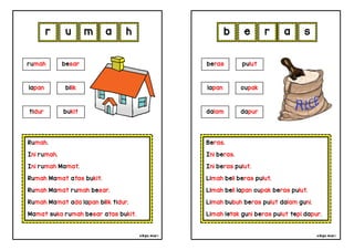 cikgu mia® cikgu mia®
Beras.
Ini beras.
Ini beras pulut.
Limah beli beras pulut.
Limah beli lapan cupak beras pulut.
Limah bubuh beras pulut dalam guni.
Limah letak guni beras pulut tepi dapur.
beras pulut
lapan cupak
b e r a
Rumah.
Ini rumah.
Ini rumah Mamat.
Rumah Mamat atas bukit.
Rumah Mamat rumah besar.
Rumah Mamat ada lapan bilik tidur.
Mamat suka rumah besar atas bukit.
r u m a
dalam dapur
rumah besar
lapan bilik
tidur bukit
h s
 