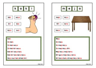 cikgu mia® cikgu mia®
Meja.
Ini meja.
Ini meja kayu.
Ini meja kayu Siti.
Meja kayu meja lama.
Siti guna meja kayu lama.
Siti baca buku di meja kayu lama.
meja kayu
Siti lama
m e j a
Kaki.
Ini kaki.
Ini kaki saya.
Ini kaki kiri saya.
Kaki kiri saya luka.
Kaki kiri luka kena kaca.
Saya cuci luka di kaki kiri.
k a k i
baca buku
kaki saya
kiri luka
kaca cuci
 