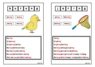 cikgu mia® cikgu mia®
Jaring.
Ini jaring.
Ini jaring Demang.
Demang selalu guna jaring.
Demang guna jaring di padang.
Demang guna jaring cari kunang - kunang.
Demang letak kunang - kunang dalam balang.
jaring Demang
padang balang
a r i n
Burung.
Ini burung.
Ini burung betina.
Burung betina ada bulu.
Bulu burung bulu kuning.
Burung betina makan cacing.
Telur burung ada dalam sarang.
b u r u
burung kuning
cacing sarang
n g
g j
 