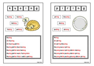 cikgu mia® cikgu mia®
Piring.
Ini piring.
Ini piring Dayang.
Dayang susun piring.
Dayang susun piring dalam dulang.
Dayang letak puding dalam piring.
Dayang letak puding pisang dalam piring.
piring Dayang
dulang
i r i n
Kucing.
Ini kucing.
Ini kucing jantan.
Kucing jantan bulu kuning.
Kucing jantan ada belang.
Kucing jantan suka tulang ikan.
Kucing jantan tidur waktu petang.
k u c i
kucing kuning
tulang petang
n g
g p
puding pisang
belang
 