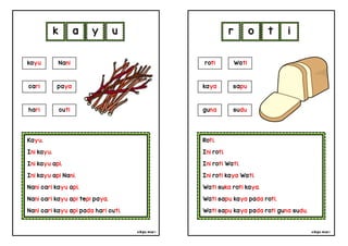cikgu mia® cikgu mia®
Roti.
Ini roti.
Ini roti Wati.
Ini roti kaya Wati.
Wati suka roti kaya.
Wati sapu kaya pada roti.
Wati sapu kaya pada roti guna sudu.
roti Wati
kaya sapu
r o t i
Kayu.
Ini kayu.
Ini kayu api.
Ini kayu api Nani.
Nani cari kayu api.
Nani cari kayu api tepi paya.
Nani cari kayu api pada hari cuti.
k a y u
guna sudu
kayu Nani
cari paya
hari cuti
 