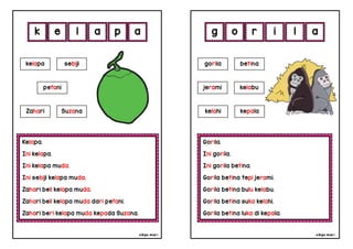 cikgu mia® cikgu mia®
Gorila.
Ini gorila.
Ini gorila betina.
Gorila betina tepi jerami.
Gorila betina bulu kelabu.
Gorila betina suka kelahi.
Gorila betina luka di kepala.
gorila betina
jerami kelabu
o r i l
Kelapa.
Ini kelapa.
Ini kelapa muda.
Ini sebiji kelapa muda.
Zahari beli kelapa muda.
Zahari beli kelapa muda dari petani.
Zahari beri kelapa muda kepada Suzana.
k e l a
kelapa sebiji
p a
a g
petani
Zahari Suzana kelahi kepala
 