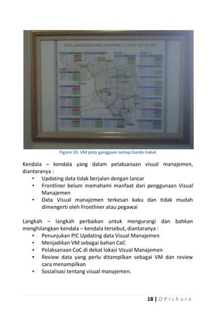 Figure 33. VM peta gangguan setiap Gardu Induk

Kendala – kendala yang dalam pelaksanaan visual manajemen,
diantaranya :
• Updating data tidak berjalan dengan lancar
• Frontliner belum memahami manfaat dari penggunaan Visual
Manajemen
• Data Visual manajemen terkesan kaku dan tidak mudah
dimengerti oleh Frontliner atau pegawai
Langkah – langkah perbaikan untuk mengurangi dan bahkan
menghilangkan kendala – kendala tersebut, diantaranya :
▪ Penunjukan PIC Updating data Visual Manajemen
▪ Menjadikan VM sebagai bahan CoC
▪ Pelaksanaan CoC di dekat lokasi Visual Manajemen
▪ Review data yang perlu ditampilkan sebagai VM dan review
cara menampilkan
▪ Sosialisasi tentang visual manajemen.

18 | O P I s h a r e

 