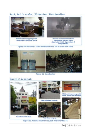 Sort, Set in order, Shine dan Standardize

Figure 50. Bersama – sama melakukan Sort, Set in order dan shine

Figure 51. Standardize

Kondisi Sesudah

Figure 52. Kondisi halaman sesudah implementasi 5S

24 | O P I s h a r e

 