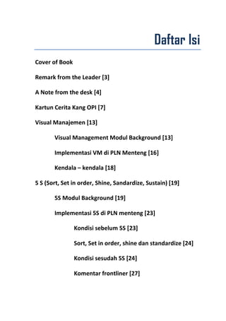 Daftar Isi
Cover of Book
Remark from the Leader [3]
A Note from the desk [4]
Kartun Cerita Kang OPI [7]
Visual Manajemen [13]
Visual Management Modul Background [13]
Implementasi VM di PLN Menteng [16]
Kendala – kendala [18]
5 S (Sort, Set in order, Shine, Sandardize, Sustain) [19]
5S Modul Background [19]
Implementasi 5S di PLN menteng [23]
Kondisi sebelum 5S [23]
Sort, Set in order, shine dan standardize [24]
Kondisi sesudah 5S [24]
Komentar frontliner [27]

 