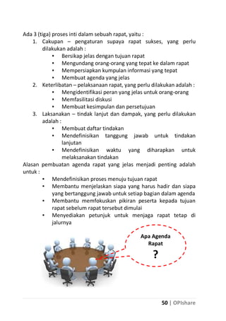 Ada 3 (tiga) proses inti dalam sebuah rapat, yaitu :
1. Cakupan – pengaturan supaya rapat sukses, yang perlu
dilakukan adalah :
▪ Bersikap jelas dengan tujuan rapat
▪ Mengundang orang-orang yang tepat ke dalam rapat
▪ Mempersiapkan kumpulan informasi yang tepat
▪ Membuat agenda yang jelas
2. Keterlibatan – pelaksanaan rapat, yang perlu dilakukan adalah :
▪ Mengidentifikasi peran yang jelas untuk orang-orang
▪ Memfasilitasi diskusi
▪ Membuat kesimpulan dan persetujuan
3. Laksanakan – tindak lanjut dan dampak, yang perlu dilakukan
adalah :
▪ Membuat daftar tindakan
▪ Mendefinisikan tanggung jawab untuk tindakan
lanjutan
▪ Mendefinisikan waktu yang diharapkan untuk
melaksanakan tindakan
Alasan pembuatan agenda rapat yang jelas menjadi penting adalah
untuk :
▪ Mendefinisikan proses menuju tujuan rapat
▪ Membantu menjelaskan siapa yang harus hadir dan siapa
yang bertanggung jawab untuk setiap bagian dalam agenda
▪ Membantu memfokuskan pikiran peserta kepada tujuan
rapat sebelum rapat tersebut dimulai
▪ Menyediakan petunjuk untuk menjaga rapat tetap di
jalurnya
Apa Agenda
Rapat

?

50 | OPIshare

 