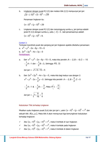 Didik Sadianto, M.Pd. 2015
Langkah Emas Menuju Sukses OSN Matematika- Bidang Aljabar Hal 47
b. Lingkaran dengan pusat P(-3,5) dan melalui titik (2,3) mempunyai jari-jari
    2953)3(2 22

Persamaan lingkaran itu:
    2953 22
 yx
c. Lingkaran dengan pusat P(-3,5) dan menyinggung sumbu-y, jari-jarinya adalah
jarak P(-3,5) dengan sumbu-y, yaitu 33  . Jadi persamaannya adalah
    .953 22
 yx
Contoh 3:
Tentukan koordinat pusat dan panjang jari-jari lingkaran apabila diketahui persamaan:
a. 0156222
 yxyx
b. 03422 22
 yxyx
Pembahasan:
a. Dari 0156222
 yxyx , maka kita peroleh: 15,6,2  CBA
1
2
1
 A dan 3
2
1
 B , Sehingga  3,1P
Jari-jari = 51591 
b. Dari 03422 22
 yxyx , maka kita bagi kedua ruas dengan 2:
0
2
3
222
 yxyx . Sehingga kita peroleh 0,
2
3
,2  CBA
4
3
2
1
&1
2
1
 BA , Maka 






4
3
,1P
Jari-jari =
4
5
16
9
1 
Kedudukan Titik terhadap Lingkaran
Misalkan suatu lingkaran pusat (h,k) dan jari-jari r, yakni     222
rkyhx  dan
sebuah titik  11, yxA , Maka titik A akan mempunyai tiga kemungkinan kedudukan
terhadap lingkaran:
 Jika     22
1
2
1 rkyhx  , maka A terletak di luar lingkaran
 Jika     22
1
2
1 rkyhx  , maka A terletak pada lingkaran
 Jika     22
1
2
1 rkyhx  , maka A terletak di dalam lingkaran
 