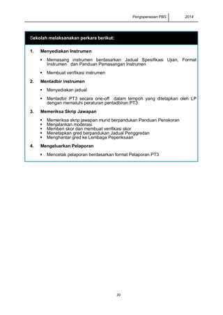 Pengoperasian PBS 2014
20
Sekolah melaksanakan perkara berikut:
1. Menyediakan Instrumen
 Memasang instrumen berdasarkan Jadual Spesifikasi Ujian, Format
Instrumen dan Panduan Pemasangan Instrumen
 Membuat verifikasi instrumen
2. Mentadbir instrumen
 Menyediakan jadual
 Mentadbir PT3 secara one-off dalam tempoh yang ditetapkan oleh LP
dengan mematuhi peraturan pentadbiran PT3
3. Memeriksa Skrip Jawapan
 Memeriksa skrip jawapan murid berpandukan Panduan Penskoran
 Menjalankan moderasi
 Memberi skor dan membuat verifikasi skor
 Menetapkan gred berpandukan Jadual Penggredan
 Menghantar gred ke Lembaga Peperiksaan
4. Mengeluarkan Pelaporan
 Mencetak pelaporan berdasarkan format Pelaporan PT3
 