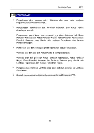 Pentaksiran Pusat 2014
30
3.10 PEMERIKSAAN
1. Pemeriksaan skrip jawapan calon dilakukan oleh guru mata pelajaran
berpandukan Panduan Penskoran.
2. Penyelarasan pemeriksaan dan moderasi dilakukan oleh Ketua Panitia
di peringkat sekolah.
Penyelarasan pemeriksaan dan moderasi juga akan dilakukan oleh Ketua
Pentaksir Kebangsaan, Ketua Pentaksir Negeri, Ketua Pentaksir Kawasan dan
Pentaksir Kawasan yang dilantik oleh Lembaga Peperiksaan dan Jabatan
Pendidikan Negeri.
3. Pemberian skor dan penetapan gred berpandukan Jadual Penggredan.
Verifikasi skor dan gred oleh Ketua Panitia di peringkat sekolah.
Verifikasi skor dan gred oleh Ketua Pentaksir Kebangsaan, Ketua Pentaksir
Negeri, Ketua Pentaksir Kawasan dan Pentaksir Kawasan yang dilantik oleh
Lembaga Peperiksaan dan Jabatan Pendidikan Negeri.
4. Pengetua akan membuat verifikasi gred calon sebelum dihantar ke Lembaga
Peperiksaan.
5. Sekolah mengeluarkan pelaporan berdasarkan format Pelaporan PT3.
 