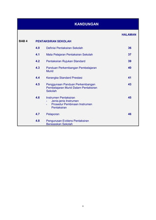 v
KANDUNGAN
HALAMAN
BAB 4 PENTAKSIRAN SEKOLAH
4.0 Definisi Pentaksiran Sekolah 36
4.1 Mata Pelajaran Pentaksiran Sekolah 37
4.2 Pentaksiran Rujukan Standard 39
4.3 Panduan Perkembangan Pembelajaran
Murid
40
4.4 Kerangka Standard Prestasi 41
4.5 Penggunaan Panduan Perkembangan
Pembelajaran Murid Dalam Pentaksiran
Sekolah
43
4.6 Instrumen Pentaksiran
- Jenis-jenis Instrumen
- Prosedur Pembinaan Instrumen
Pentaksiran
45
4.7 Pelaporan 46
4.8 Pengurusan Evidens Pentaksiran
Berasaskan Sekolah
 