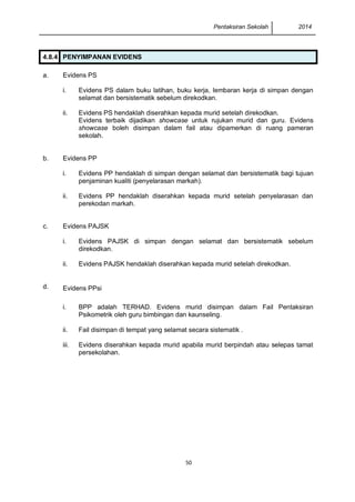 Pentaksiran Sekolah 2014
50
4.8.4 PENYIMPANAN EVIDENS
a. Evidens PS
i. Evidens PS dalam buku latihan, buku kerja, lembaran kerja di simpan dengan
selamat dan bersistematik sebelum direkodkan.
ii. Evidens PS hendaklah diserahkan kepada murid setelah direkodkan.
Evidens terbaik dijadikan showcase untuk rujukan murid dan guru. Evidens
showcase boleh disimpan dalam fail atau dipamerkan di ruang pameran
sekolah.
b. Evidens PP
i. Evidens PP hendaklah di simpan dengan selamat dan bersistematik bagi tujuan
penjaminan kualiti (penyelarasan markah).
ii. Evidens PP hendaklah diserahkan kepada murid setelah penyelarasan dan
perekodan markah.
c. Evidens PAJSK
i. Evidens PAJSK di simpan dengan selamat dan bersistematik sebelum
direkodkan.
ii. Evidens PAJSK hendaklah diserahkan kepada murid setelah direkodkan.
d. Evidens PPsi
i. BPP adalah TERHAD. Evidens murid disimpan dalam Fail Pentaksiran
Psikometrik oleh guru bimbingan dan kaunseling.
ii. Fail disimpan di tempat yang selamat secara sistematik .
iii. Evidens diserahkan kepada murid apabila murid berpindah atau selepas tamat
persekolahan.
 