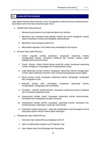 Pentaksiran Psikometrik 2014
66
6.2 UJIAN APTITUD KHUSUS
Ujian Aptitud Khusus ialah instrumen untuk mendapatkan maklumat khusus tentang struktur
kecerdasan serta minat atau kecenderungan murid.
a. Objektif Ujian Aptitud Khusus:
i. Mengenal pasti potensi murid pada peringkat umur tertentu.
ii. Membantu guru mengenal pasti strategi, kaedah dan teknik pengajaran supaya
dapat mewujudkan suasana pembelajaran yang berkesan.
iii. Membantu murid mengenal potensi diri.
iv. Meramalkan kejayaan murid dalam alam pembelajaran dan kerjaya.
b. Konstruk Ujian Aptitud Khusus:
i. Verbal Linguistik (cerdas perkataan): keupayaan seseorang individu
menggunakan bahasa, memahami maklumat dan memberi respons dalam
pelbagai bentuk set komunikasi.
ii. Visual – Ruang – Bukan Verbal (cerdas visual dan ruang): keupayaan seseorang
individu mengguna, menganggar dan mengintepretasi ruang.
iii. Logik Matematik (cerdas nombor): keupayaan seseorang individu menggunakan
nombor dalam kehidupan seharian untuk membuat penyelesaian secara logikal.
iv. Muzik (cerdas muzik): keupayaan seseorang individu menghargai, menghayati
dan menggubah muzik.
v. Naturalis (cerdas alam semulajadi): keupayaan seseorang individu
mengenalpasti, menghargai alam semulajadi.
vi. Kinestatik – Jasmani (cerdas jasmani): keupayaan seseorang individu mengawal
dan memahami pergerakan tubuh.
vii. Interpersonal (cerdas sosial): keupayaan seseorang individu berkomunikasi,
berinteraksi dan bekerjasama dengan orang lain.
viii. Intrapersonal (cerdas kendiri): keupayaan seseorang individu memahami dan
menilai kekuatan, kelemahan, bakat dan minat kendiri.
ix. Existential (cerdas kewujudan) : peka dan berkebolehan membincangkan hal-hal
kewujudan seperti mencari makna dalam kehidupan.
c. Pelaksanaan Ujian Aptitud Khusus:
i. Instrumen Ujian Aptitud Khusus disediakan oleh LP.
ii. Ujian ini dilaksanakan kepada murid Tingkatan Tiga.
iii. Ujian ditadbir oleh Guru Bimbingan dan Kaunseling.
 