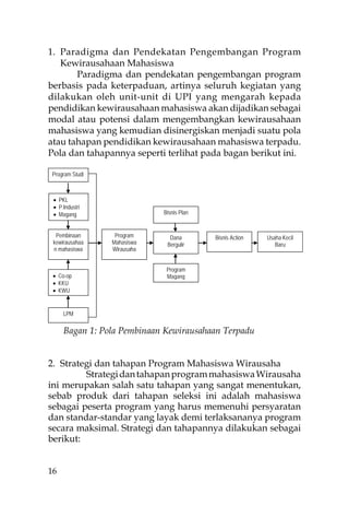 1. Paradigma dan Pendekatan Pengembangan Program
   Kewirausahaan Mahasiswa
       Paradigma dan pendekatan pengembangan program
berbasis pada keterpaduan, artinya seluruh kegiatan yang
dilakukan oleh unit-unit di UPI yang mengarah kepada
pendidikan kewirausahaan mahasiswa akan dijadikan sebagai
modal atau potensi dalam mengembangkan kewirausahaan
mahasiswa yang kemudian disinergiskan menjadi suatu pola
atau tahapan pendidikan kewirausahaan mahasiswa terpadu.
Pola dan tahapannya seperti terlihat pada bagan berikut ini.

Program Studi



 • PKL
 • P.Industri
 • Magang                   Bisnis Plan


  Pembinaan      Program      Dana        Bisnis Action   Usaha Kecil
 kewirausahaa   Mahasiswa    Bergulir                        Baru
 n mahasiswa    Wirausaha


                             Program
 • Co-op                     Magang
 • KKU
 • KWU


     LPM

     Bagan 1: Pola Pembinaan Kewirausahaan Terpadu


2. Strategi dan tahapan Program Mahasiswa Wirausaha
         Strategi dan tahapan program mahasiswa Wirausaha
ini merupakan salah satu tahapan yang sangat menentukan,
sebab produk dari tahapan seleksi ini adalah mahasiswa
sebagai peserta program yang harus memenuhi persyaratan
dan standar-standar yang layak demi terlaksananya program
secara maksimal. Strategi dan tahapannya dilakukan sebagai
berikut:


16
 
