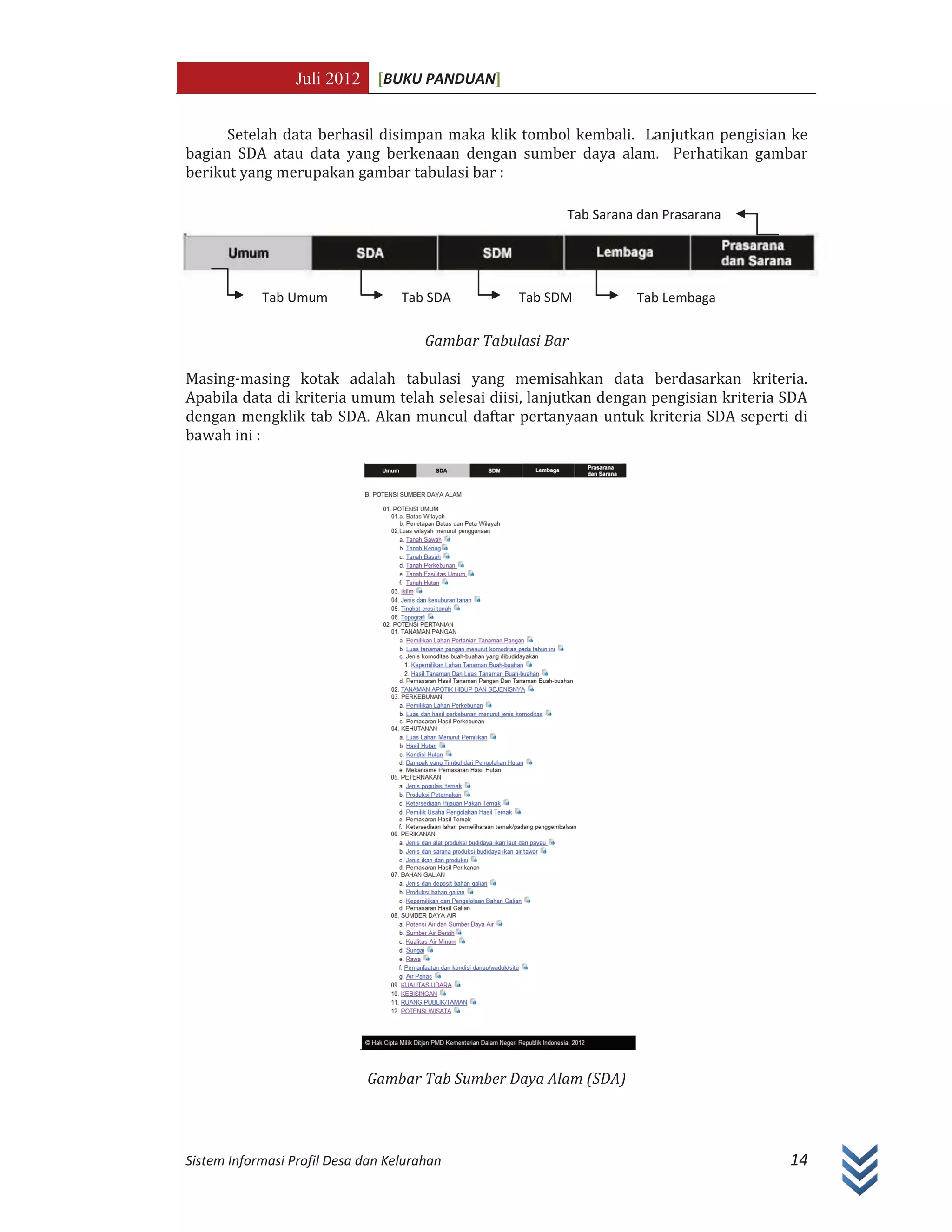 Juli 2012 [BUKU PANDUAN]
Sistem Informasi Profil Desa dan Kelurahan 14
Setelah data berhasil disimpan maka klik tombol kembali. Lanjutkan pengisian ke
bagian SDA atau data yang berkenaan dengan sumber daya alam. Perhatikan gambar
berikut yang merupakan gambar tabulasi bar :
Gambar Tabulasi Bar
Masing-masing kotak adalah tabulasi yang memisahkan data berdasarkan kriteria.
Apabila data di kriteria umum telah selesai diisi, lanjutkan dengan pengisian kriteria SDA
dengan mengklik tab SDA. Akan muncul daftar pertanyaan untuk kriteria SDA seperti di
bawah ini :
Gambar Tab Sumber Daya Alam (SDA)
Tab SDATab Umum Tab SDM Tab Lembaga
Tab Sarana dan Prasarana
 