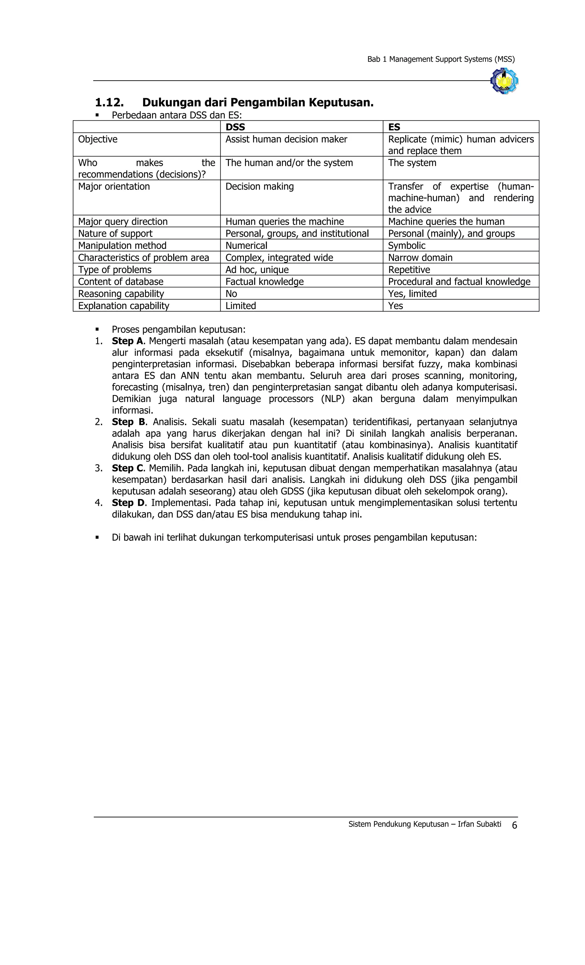 Bab 1 Management Support Systems (MSS)
1.12. Dukungan dari Pengambilan Keputusan.
§ Perbedaan antara DSS dan ES:
DSS ES
Objective Assist human decision maker Replicate (mimic) human advicers
and replace them
Who makes the
recommendations (decisions)?
The human and/or the system The system
Major orientation Decision making Transfer of expertise (human-
machine-human) and rendering
the advice
Major query direction Human queries the machine Machine queries the human
Nature of support Personal, groups, and institutional Personal (mainly), and groups
Manipulation method Numerical Symbolic
Characteristics of problem area Complex, integrated wide Narrow domain
Type of problems Ad hoc, unique Repetitive
Content of database Factual knowledge Procedural and factual knowledge
Reasoning capability No Yes, limited
Explanation capability Limited Yes
§ Proses pengambilan keputusan:
1. Step A. Mengerti masalah (atau kesempatan yang ada). ES dapat membantu dalam mendesain
alur informasi pada eksekutif (misalnya, bagaimana untuk memonitor, kapan) dan dalam
penginterpretasian informasi. Disebabkan beberapa informasi bersifat fuzzy, maka kombinasi
antara ES dan ANN tentu akan membantu. Seluruh area dari proses scanning, monitoring,
forecasting (misalnya, tren) dan penginterpretasian sangat dibantu oleh adanya komputerisasi.
Demikian juga natural language processors (NLP) akan berguna dalam menyimpulkan
informasi.
2. Step B. Analisis. Sekali suatu masalah (kesempatan) teridentifikasi, pertanyaan selanjutnya
adalah apa yang harus dikerjakan dengan hal ini? Di sinilah langkah analisis berperanan.
Analisis bisa bersifat kualitatif atau pun kuantitatif (atau kombinasinya). Analisis kuantitatif
didukung oleh DSS dan oleh tool-tool analisis kuantitatif. Analisis kualitatif didukung oleh ES.
3. Step C. Memilih. Pada langkah ini, keputusan dibuat dengan memperhatikan masalahnya (atau
kesempatan) berdasarkan hasil dari analisis. Langkah ini didukung oleh DSS (jika pengambil
keputusan adalah seseorang) atau oleh GDSS (jika keputusan dibuat oleh sekelompok orang).
4. Step D. Implementasi. Pada tahap ini, keputusan untuk mengimplementasikan solusi tertentu
dilakukan, dan DSS dan/atau ES bisa mendukung tahap ini.
§ Di bawah ini terlihat dukungan terkomputerisasi untuk proses pengambilan keputusan:
Sistem Pendukung Keputusan – Irfan Subakti 6
 