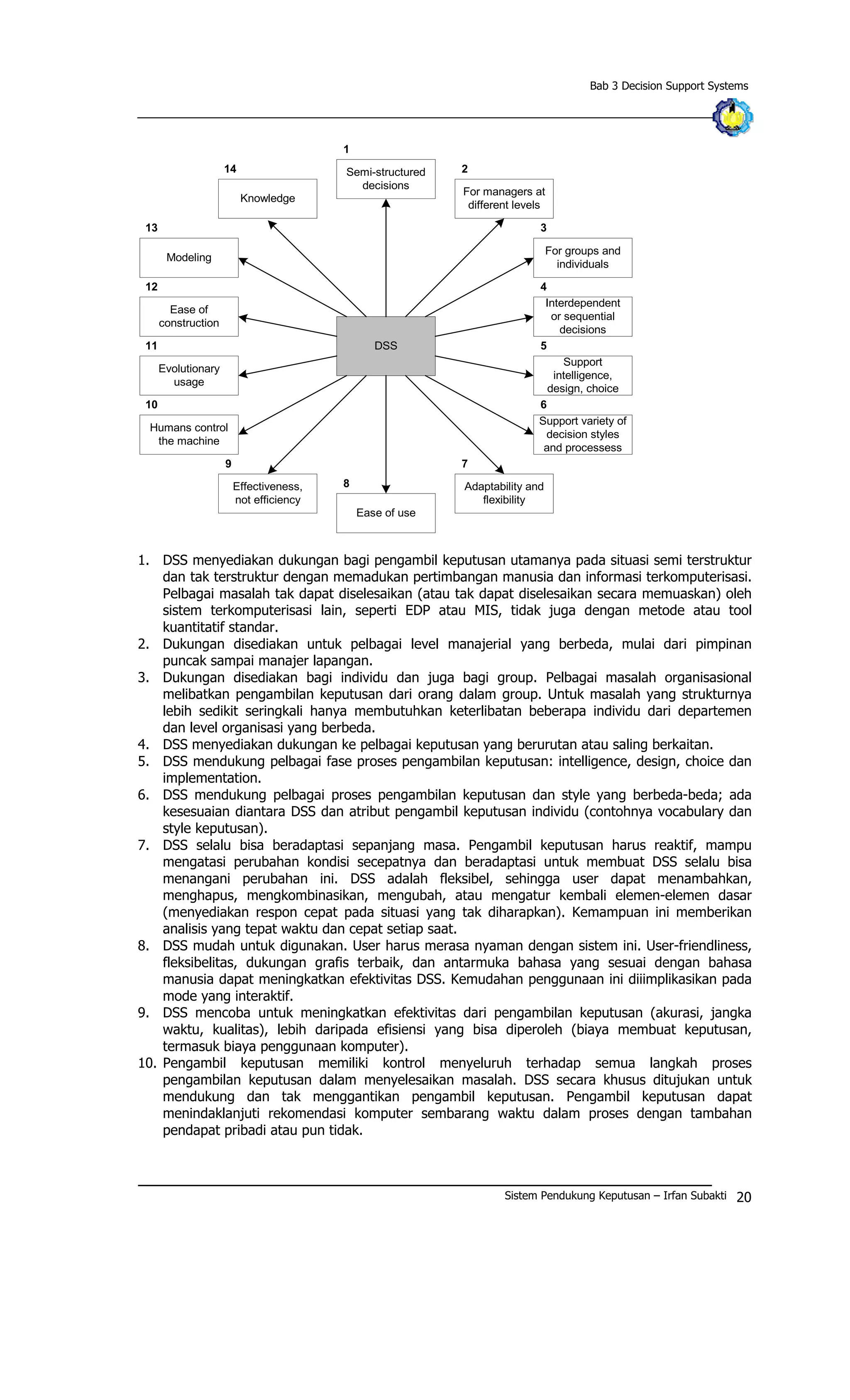 Bab 3 Decision Support Systems
DSS
For managers at
different levels
2
For groups and
individuals
3
Interdependent
or sequential
decisions
4
Support
intelligence,
design, choice
5
Support variety of
decision styles
and processess
6
Adaptability and
flexibility
7
8
Ease of use
Knowledge
14
Modeling
13
Ease of
construction
12
Evolutionary
usage
11
Humans control
the machine
10
Effectiveness,
not efficiency
9
Semi-structured
decisions
1
1. DSS menyediakan dukungan bagi pengambil keputusan utamanya pada situasi semi terstruktur
dan tak terstruktur dengan memadukan pertimbangan manusia dan informasi terkomputerisasi.
Pelbagai masalah tak dapat diselesaikan (atau tak dapat diselesaikan secara memuaskan) oleh
sistem terkomputerisasi lain, seperti EDP atau MIS, tidak juga dengan metode atau tool
kuantitatif standar.
2. Dukungan disediakan untuk pelbagai level manajerial yang berbeda, mulai dari pimpinan
puncak sampai manajer lapangan.
3. Dukungan disediakan bagi individu dan juga bagi group. Pelbagai masalah organisasional
melibatkan pengambilan keputusan dari orang dalam group. Untuk masalah yang strukturnya
lebih sedikit seringkali hanya membutuhkan keterlibatan beberapa individu dari departemen
dan level organisasi yang berbeda.
4. DSS menyediakan dukungan ke pelbagai keputusan yang berurutan atau saling berkaitan.
5. DSS mendukung pelbagai fase proses pengambilan keputusan: intelligence, design, choice dan
implementation.
6. DSS mendukung pelbagai proses pengambilan keputusan dan style yang berbeda-beda; ada
kesesuaian diantara DSS dan atribut pengambil keputusan individu (contohnya vocabulary dan
style keputusan).
7. DSS selalu bisa beradaptasi sepanjang masa. Pengambil keputusan harus reaktif, mampu
mengatasi perubahan kondisi secepatnya dan beradaptasi untuk membuat DSS selalu bisa
menangani perubahan ini. DSS adalah fleksibel, sehingga user dapat menambahkan,
menghapus, mengkombinasikan, mengubah, atau mengatur kembali elemen-elemen dasar
(menyediakan respon cepat pada situasi yang tak diharapkan). Kemampuan ini memberikan
analisis yang tepat waktu dan cepat setiap saat.
8. DSS mudah untuk digunakan. User harus merasa nyaman dengan sistem ini. User-friendliness,
fleksibelitas, dukungan grafis terbaik, dan antarmuka bahasa yang sesuai dengan bahasa
manusia dapat meningkatkan efektivitas DSS. Kemudahan penggunaan ini diiimplikasikan pada
mode yang interaktif.
9. DSS mencoba untuk meningkatkan efektivitas dari pengambilan keputusan (akurasi, jangka
waktu, kualitas), lebih daripada efisiensi yang bisa diperoleh (biaya membuat keputusan,
termasuk biaya penggunaan komputer).
10. Pengambil keputusan memiliki kontrol menyeluruh terhadap semua langkah proses
pengambilan keputusan dalam menyelesaikan masalah. DSS secara khusus ditujukan untuk
mendukung dan tak menggantikan pengambil keputusan. Pengambil keputusan dapat
menindaklanjuti rekomendasi komputer sembarang waktu dalam proses dengan tambahan
pendapat pribadi atau pun tidak.
Sistem Pendukung Keputusan – Irfan Subakti 20
 
