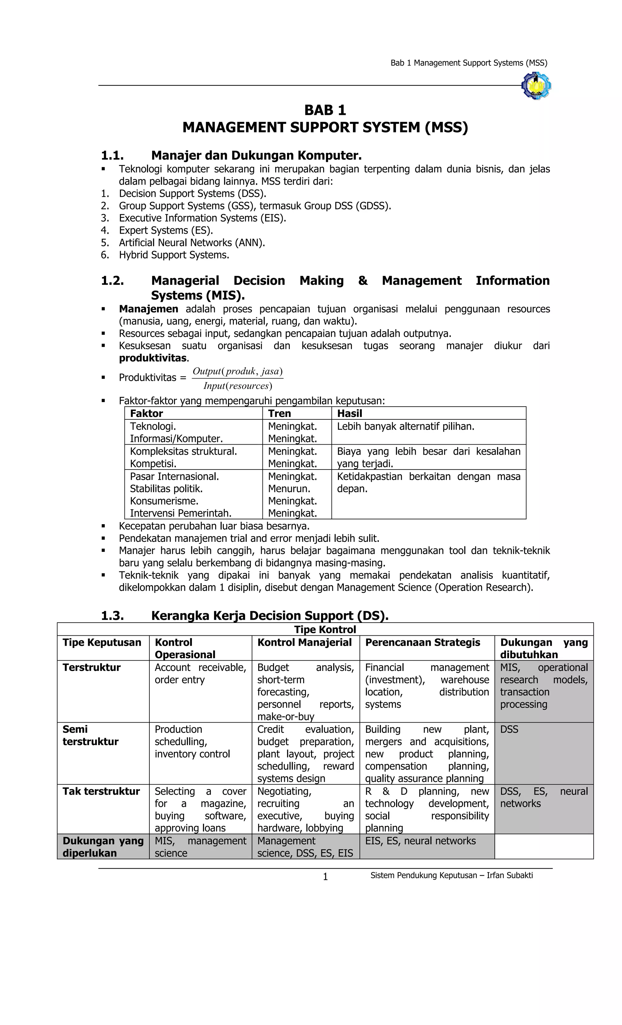 Bab 1 Management Support Systems (MSS)
BAB 1
MANAGEMENT SUPPORT SYSTEM (MSS)
1.1. Manajer dan Dukungan Komputer.
§ Teknologi komputer sekarang ini merupakan bagian terpenting dalam dunia bisnis, dan jelas
dalam pelbagai bidang lainnya. MSS terdiri dari:
1. Decision Support Systems (DSS).
2. Group Support Systems (GSS), termasuk Group DSS (GDSS).
3. Executive Information Systems (EIS).
4. Expert Systems (ES).
5. Artificial Neural Networks (ANN).
6. Hybrid Support Systems.
1.2. Managerial Decision Making & Management Information
Systems (MIS).
§ Manajemen adalah proses pencapaian tujuan organisasi melalui penggunaan resources
(manusia, uang, energi, material, ruang, dan waktu).
§ Resources sebagai input, sedangkan pencapaian tujuan adalah outputnya.
§ Kesuksesan suatu organisasi dan kesuksesan tugas seorang manajer diukur dari
produktivitas.
§ Produktivitas =
)(
),(
resourcesInput
jasaprodukOutput
§ Faktor-faktor yang mempengaruhi pengambilan keputusan:
Faktor Tren Hasil
Teknologi.
Informasi/Komputer.
Meningkat.
Meningkat.
Lebih banyak alternatif pilihan.
Kompleksitas struktural.
Kompetisi.
Meningkat.
Meningkat.
Biaya yang lebih besar dari kesalahan
yang terjadi.
Pasar Internasional.
Stabilitas politik.
Konsumerisme.
Intervensi Pemerintah.
Meningkat.
Menurun.
Meningkat.
Meningkat.
Ketidakpastian berkaitan dengan masa
depan.
§ Kecepatan perubahan luar biasa besarnya.
§ Pendekatan manajemen trial and error menjadi lebih sulit.
§ Manajer harus lebih canggih, harus belajar bagaimana menggunakan tool dan teknik-teknik
baru yang selalu berkembang di bidangnya masing-masing.
§ Teknik-teknik yang dipakai ini banyak yang memakai pendekatan analisis kuantitatif,
dikelompokkan dalam 1 disiplin, disebut dengan Management Science (Operation Research).
1.3. Kerangka Kerja Decision Support (DS).
Tipe Kontrol
Tipe Keputusan Kontrol
Operasional
Kontrol Manajerial Perencanaan Strategis Dukungan yang
dibutuhkan
Terstruktur Account receivable,
order entry
Budget analysis,
short-term
forecasting,
personnel reports,
make-or-buy
Financial management
(investment), warehouse
location, distribution
systems
MIS, operational
research models,
transaction
processing
Semi
terstruktur
Production
schedulling,
inventory control
Credit evaluation,
budget preparation,
plant layout, project
schedulling, reward
systems design
Building new plant,
mergers and acquisitions,
new product planning,
compensation planning,
quality assurance planning
DSS
Tak terstruktur Selecting a cover
for a magazine,
buying software,
approving loans
Negotiating,
recruiting an
executive, buying
hardware, lobbying
R & D planning, new
technology development,
social responsibility
planning
DSS, ES, neural
networks
Dukungan yang
diperlukan
MIS, management
science
Management
science, DSS, ES, EIS
EIS, ES, neural networks
Sistem Pendukung Keputusan – Irfan Subakti1
 