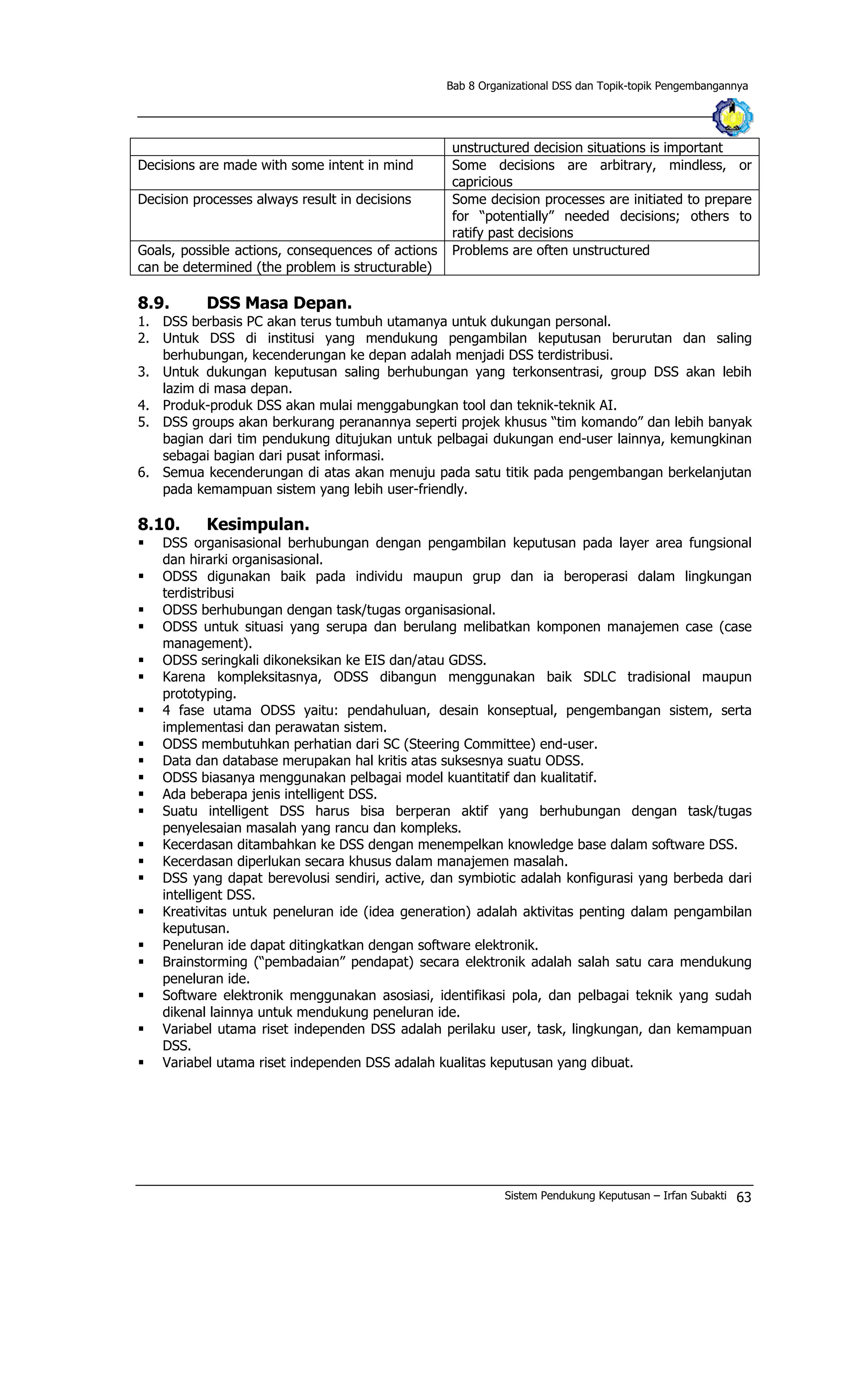 Bab 8 Organizational DSS dan Topik-topik Pengembangannya
unstructured decision situations is important
Decisions are made with some intent in mind Some decisions are arbitrary, mindless, or
capricious
Decision processes always result in decisions Some decision processes are initiated to prepare
for “potentially” needed decisions; others to
ratify past decisions
Goals, possible actions, consequences of actions
can be determined (the problem is structurable)
Problems are often unstructured
8.9. DSS Masa Depan.
1. DSS berbasis PC akan terus tumbuh utamanya untuk dukungan personal.
2. Untuk DSS di institusi yang mendukung pengambilan keputusan berurutan dan saling
berhubungan, kecenderungan ke depan adalah menjadi DSS terdistribusi.
3. Untuk dukungan keputusan saling berhubungan yang terkonsentrasi, group DSS akan lebih
lazim di masa depan.
4. Produk-produk DSS akan mulai menggabungkan tool dan teknik-teknik AI.
5. DSS groups akan berkurang peranannya seperti projek khusus “tim komando” dan lebih banyak
bagian dari tim pendukung ditujukan untuk pelbagai dukungan end-user lainnya, kemungkinan
sebagai bagian dari pusat informasi.
6. Semua kecenderungan di atas akan menuju pada satu titik pada pengembangan berkelanjutan
pada kemampuan sistem yang lebih user-friendly.
8.10. Kesimpulan.
§ DSS organisasional berhubungan dengan pengambilan keputusan pada layer area fungsional
dan hirarki organisasional.
§ ODSS digunakan baik pada individu maupun grup dan ia beroperasi dalam lingkungan
terdistribusi
§ ODSS berhubungan dengan task/tugas organisasional.
§ ODSS untuk situasi yang serupa dan berulang melibatkan komponen manajemen case (case
management).
§ ODSS seringkali dikoneksikan ke EIS dan/atau GDSS.
§ Karena kompleksitasnya, ODSS dibangun menggunakan baik SDLC tradisional maupun
prototyping.
§ 4 fase utama ODSS yaitu: pendahuluan, desain konseptual, pengembangan sistem, serta
implementasi dan perawatan sistem.
§ ODSS membutuhkan perhatian dari SC (Steering Committee) end-user.
§ Data dan database merupakan hal kritis atas suksesnya suatu ODSS.
§ ODSS biasanya menggunakan pelbagai model kuantitatif dan kualitatif.
§ Ada beberapa jenis intelligent DSS.
§ Suatu intelligent DSS harus bisa berperan aktif yang berhubungan dengan task/tugas
penyelesaian masalah yang rancu dan kompleks.
§ Kecerdasan ditambahkan ke DSS dengan menempelkan knowledge base dalam software DSS.
§ Kecerdasan diperlukan secara khusus dalam manajemen masalah.
§ DSS yang dapat berevolusi sendiri, active, dan symbiotic adalah konfigurasi yang berbeda dari
intelligent DSS.
§ Kreativitas untuk peneluran ide (idea generation) adalah aktivitas penting dalam pengambilan
keputusan.
§ Peneluran ide dapat ditingkatkan dengan software elektronik.
§ Brainstorming (“pembadaian” pendapat) secara elektronik adalah salah satu cara mendukung
peneluran ide.
§ Software elektronik menggunakan asosiasi, identifikasi pola, dan pelbagai teknik yang sudah
dikenal lainnya untuk mendukung peneluran ide.
§ Variabel utama riset independen DSS adalah perilaku user, task, lingkungan, dan kemampuan
DSS.
§ Variabel utama riset independen DSS adalah kualitas keputusan yang dibuat.
Sistem Pendukung Keputusan – Irfan Subakti 63
 
