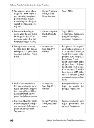 Fakultas Ilmu Sosial dan Ilmu Politik Universitas Airlangga
Pedoman Prosedur, Instruksi Kerja dan Borang Pendidikan
96
2. Tugas Akhir yang akan
diujikan TIDAK menda-
pat persetujuan dosen
pembimbing, masih
dapat diujikan dengan
syarat mendapat perse-
tujuan
- Ketua Program
Studi/Ketua
Departemen;
- Tugas Akhir
3. Menyerahkan Tugas
Akhir yang belum dijilid
ke Program Studi/De-
partemen dan disertai
ringkasan Tugas Akhir;
- Ketua Program
Studi/Departe-
men:
- Tugas Akhir,
- 3 eksemplar Tugas Akhir
yang belum dijilid,
- ringkasan Tugas Akhir
4. Mengisi form lulusan
dengan baik dan benar,
sebagai dasar penulisan
ijazah di Sub.Bag. Pendi-
dikan.
- Mahasiswa
- Sub.Bag. Pen-
didikan.
- Pas photo hitam putih
dop terbaru ukuran 3 X
4 cm sebanyak 2 lembar,
- Surat Keterangan bebas
pinjam buku Perpusta-
kaan Unair Pusat,
- Surat Keterangan bebas
pinjam buku Rujukan
Pendidikan FISIP-Unair.
- KTM sebanyak 2 lembar
- Kopi ijazah SMA seba-
nyak 1 lembar (untuk
mencocokkan penulisan
nama
5. Mahasiswa menerima
form permohonan surat
tugas personalia anggota
tim penguji Tugas Akhir
dan diserahkan ke Pro-
gram Studi/Departemen.
- Mahasiswa
- Sub.Bag. Pen-
didikan.
- Form permohonan surat
tugas personalia tim
penguji Tugas Akhir
6. Program Studi/Departe-
men mengadakan rapat
untuk menentukan pen-
guji dan jadwal ujian
Tugas Akhir
- Ketua Program
Studi/Departe-
men:
- Form permohonan surat
tugas personalia tim
penguji Tugas Akhir
 