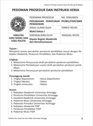 Fakultas Ilmu Sosial dan Ilmu Politik Universitas Airlangga 1
Pedoman Prosedur, Instruksi Kerja dan Borang Pendidikan
PEDOMAN PROSEDUR NO. DOKUMEN
PERUBAHAN PERATURAN
PENDIDIKAN
PP/001/FISIP/2009
DIKAJI ULANG OLEH TERBIT/ REVISI
Wakil Dekan I
FAKULTAS
ILMU SOSIAL DAN
ILMU POLITIK
DIKENDALIKAN OLEH TANGGAL REVISI
Kepala Bagian Akademik
dan Kemahasiswaan
Tujuan :
Menjamin proses perubahan peraturan pendidikan sesuai dengan Ke-
bijakan Akademik, Peraturan Pendidikan, dan Pedoman Mutu.
Lingkup :
1. Mekanisme Penyusunan draft perubahan peraturan pendidikan;
2. Mekanisme Pembahasan usulan draft perubahan peraturan pendi-
dikan;
3. Mekanisme Persetujuan perubahan peraturan pendidikan.
Penanggung Jawab:
1. Tingkat departemen : Ketua Departemen
2. Tingkat fakultas : Dekan
3. Tingkat universitas : Rektor
Acuan:
1. Kebijakan Akademik Universitas Airlangga
2. Peraturan Pendidikan Universitas Airlangga
3. Standard Akademik Universitas Airlangga
4. Pedoman Mutu Universitas Airlangga
5. Pedoman Prosedur Universitas Airlangga
6. Kebijakan Akademik FISIP
7. Peraturan Pendidikan FISIP
8. Pedoman Mutu FISIP
PEDOMAN PROSEDUR DAN INSTRUKSI KERJA
 