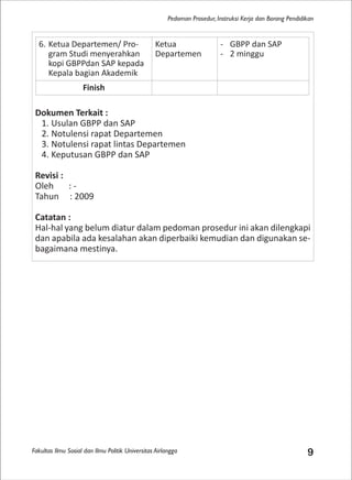 Fakultas Ilmu Sosial dan Ilmu Politik Universitas Airlangga 9
Pedoman Prosedur, Instruksi Kerja dan Borang Pendidikan
Dokumen Terkait :
1. Usulan GBPP dan SAP
2. Notulensi rapat Departemen
3. Notulensi rapat lintas Departemen
4. Keputusan GBPP dan SAP
Revisi :
Oleh : -
Tahun : 2009
Catatan :
Hal-hal yang belum diatur dalam pedoman prosedur ini akan dilengkapi
dan apabila ada kesalahan akan diperbaiki kemudian dan digunakan se-
bagaimana mestinya.
6. Ketua Departemen/ Pro-
gram Studi menyerahkan
kopi GBPPdan SAP kepada
Kepala bagian Akademik
Ketua
Departemen
- GBPP dan SAP
- 2 minggu
Finish
 