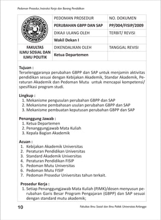 Fakultas Ilmu Sosial dan Ilmu Politik Universitas Airlangga
Pedoman Prosedur, Instruksi Kerja dan Borang Pendidikan
10
PEDOMAN PROSEDUR NO. DOKUMEN
PERUBAHAN GBPP DAN SAP PP/004/FISIP/2009
DIKAJI ULANG OLEH TERBIT/ REVISI
Wakil Dekan I
FAKULTAS
ILMU SOSIAL DAN
ILMU POLITIK
DIKENDALIKAN OLEH TANGGAL REVISI
Ketua Departemen
Tujuan :
Terselenggaranya perubahan GBPP dan SAP untuk menjamin aktivitas
pendidikan sesuai dengan Kebijakan Akademik, Standar Akademik, Pe-
raturan Akademik dan Pedoman Mutu untuk mencapai kompetensi/
spesifikasi program studi.
Lingkup :
1. Mekanisme pengusulan perubahan GBPP dan SAP
2. Mekanisme pembahasan usulan perubahan GBPP dan SAP
3. Mekanisme pembuatan keputusan perubahan GBPP dan SAP
Penanggung Jawab :
1. Ketua Departemen
2. Penanggungjawab Mata Kuliah
3. Kepala Bagian Akademik
Acuan :
1. Kebijakan Akademik Universitas
2. Peraturan Pendidikan Universitas
3. Standard Akademik Universitas
4. Peraturan Pendidikan FISIP
5. Pedoman Mutu Universitas
6. Pedoman Mutu FISIP
7. Pedoman Prosedur Universitas tahun terkait.
Prosedur Kerja :
1. Setiap Penanggungjawab Mata Kuliah (PJMK)/dosen menyusun pe-
rubahan Garis Besar Program Pengajaran (GBPP) dan SAP sesuai
dengan standard mutu akademik;
 
