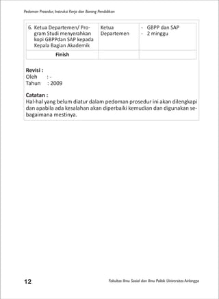 Fakultas Ilmu Sosial dan Ilmu Politik Universitas Airlangga
Pedoman Prosedur, Instruksi Kerja dan Borang Pendidikan
12
Revisi :
Oleh : -
Tahun : 2009
Catatan :
Hal-hal yang belum diatur dalam pedoman prosedur ini akan dilengkapi
dan apabila ada kesalahan akan diperbaiki kemudian dan digunakan se-
bagaimana mestinya.
6. Ketua Departemen/ Pro-
gram Studi menyerahkan
kopi GBPPdan SAP kepada
Kepala Bagian Akademik
Ketua
Departemen
- GBPP dan SAP
- 2 minggu
Finish
 