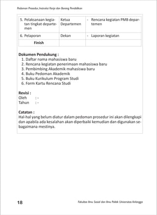 Fakultas Ilmu Sosial dan Ilmu Politik Universitas Airlangga
Pedoman Prosedur, Instruksi Kerja dan Borang Pendidikan
18
Dokumen Pendukung :
1. Daftar nama mahasiswa baru
2. Rencana kegiatan penerimaan mahasiswa baru
3. Pembimbing Akademik mahasiswa baru
4. Buku Pedoman Akademik
5. Buku Kurikulum Program Studi
6. Form Kartu Rencana Studi
Revisi :
Oleh : -
Tahun : -
Catatan :
Hal-hal yang belum diatur dalam pedoman prosedur ini akan dilengkapi
dan apabila ada kesalahan akan diperbaiki kemudian dan digunakan se-
bagaimana mestinya.
5. Pelaksanaan kegia-
tan tingkat departe-
men
Ketua
Departemen
- Rencana kegiatan PMB depar-
temen
6. Pelaporan Dekan - Laporan kegiatan
Finish
 