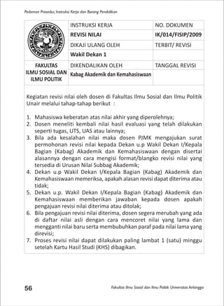 Fakultas Ilmu Sosial dan Ilmu Politik Universitas Airlangga
Pedoman Prosedur, Instruksi Kerja dan Borang Pendidikan
56
INSTRUKSI KERJA NO. DOKUMEN
REVISI NILAI IK/014/FISIP/2009
DIKAJI ULANG OLEH TERBIT/ REVISI
Wakil Dekan 1
FAKULTAS
ILMU SOSIAL DAN
ILMU POLITIK
DIKENDALIKAN OLEH TANGGAL REVISI
Kabag Akademik dan Kemahasiswaan
Kegiatan revisi nilai oleh dosen di Fakultas Ilmu Sosial dan Ilmu Politik
Unair melalui tahap-tahap berikut :
1. Mahasiswa keberatan atas nilai akhir yang diperolehnya;
2. Dosen meneliti kembali nilai hasil evaluasi yang telah dilakukan
seperti tugas, UTS, UAS atau lainnya;
3. Bila ada kesalahan nilai maka dosen PJMK mengajukan surat
permohonan revisi nilai kepada Dekan u.p Wakil Dekan I/Kepala
Bagian (Kabag) Akademik dan Kemahasiswaan dengan disertai
alasannya dengan cara mengisi format/blangko revisi nilai yang
tersedia di Urusan Nilai Subbag Akademik;
4. Dekan u.p Wakil Dekan I/Kepala Bagian (Kabag) Akademik dan
Kemahasiswaan memeriksa, apakah alasan revisi dapat diterima atau
tidak;
5. Dekan u.p. Wakil Dekan I/Kepala Bagian (Kabag) Akademik dan
Kemahasiswaan memberikan jawaban kepada dosen apakah
pengajuan revisi nilai diterima atau ditolak;
6. Bila pengajuan revisi nilai diterima, dosen segera merubah yang ada
di daftar nilai asli dengan cara mencoret nilai yang lama dan
mengganti nilai baru serta membubuhkan paraf pada nilai lama yang
direvisi;
7. Proses revisi nilai dapat dilakukan paling lambat 1 (satu) minggu
setelah Kartu Hasil Studi (KHS) dibagikan.
 