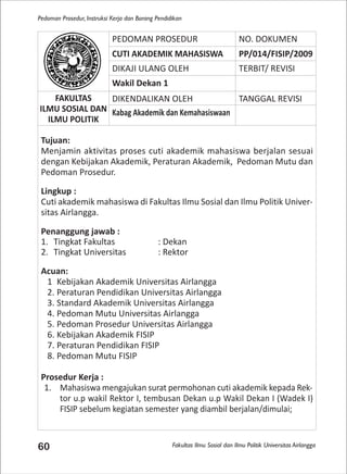 Fakultas Ilmu Sosial dan Ilmu Politik Universitas Airlangga
Pedoman Prosedur, Instruksi Kerja dan Borang Pendidikan
60
PEDOMAN PROSEDUR NO. DOKUMEN
CUTI AKADEMIK MAHASISWA PP/014/FISIP/2009
DIKAJI ULANG OLEH TERBIT/ REVISI
Wakil Dekan 1
FAKULTAS
ILMU SOSIAL DAN
ILMU POLITIK
DIKENDALIKAN OLEH TANGGAL REVISI
Kabag Akademik dan Kemahasiswaan
Tujuan:
Menjamin aktivitas proses cuti akademik mahasiswa berjalan sesuai
dengan Kebijakan Akademik, Peraturan Akademik, Pedoman Mutu dan
Pedoman Prosedur.
Lingkup :
Cuti akademik mahasiswa di Fakultas Ilmu Sosial dan Ilmu Politik Univer-
sitas Airlangga.
Penanggung jawab :
1. Tingkat Fakultas : Dekan
2. Tingkat Universitas : Rektor
Acuan:
1 Kebijakan Akademik Universitas Airlangga
2. Peraturan Pendidikan Universitas Airlangga
3. Standard Akademik Universitas Airlangga
4. Pedoman Mutu Universitas Airlangga
5. Pedoman Prosedur Universitas Airlangga
6. Kebijakan Akademik FISIP
7. Peraturan Pendidikan FISIP
8. Pedoman Mutu FISIP
Prosedur Kerja :
1. Mahasiswa mengajukan surat permohonan cuti akademik kepada Rek-
tor u.p wakil Rektor I, tembusan Dekan u.p Wakil Dekan I (Wadek I)
FISIP sebelum kegiatan semester yang diambil berjalan/dimulai;
 