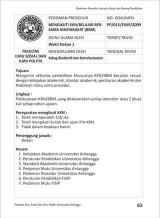 Fakultas Ilmu Sosial dan Ilmu Politik Universitas Airlangga 63
Pedoman Prosedur, Instruksi Kerja dan Borang Pendidikan
PEDOMAN PROSEDUR NO. DOKUMEN
MENGIKUTI KKN/BELAJAR BER-
SAMA MASYARAKAT (BBM)
PP/015/FISIP/2009
DIKAJI ULANG OLEH TERBIT/ REVISI
Wakil Dekan 1
FAKULTAS
ILMU SOSIAL DAN
ILMU POLITIK
DIKENDALIKAN OLEH TANGGAL REVISI
Kabag Akademik dan Kemahasiswaan
Tujuan:
Menjamin aktivitas pendidikan khususnya KKN/BBM berjalan sesuai
dengan kebijakan akademik, standar akademik, peraturan akademik dan
Pedoman mutu serta prosedur.
Lingkup :
Pelaksanaan KKN/BBM, yang dilaksanakan setiap semester atau 2 (dua)
kali setiap tahun ajaran.
Persyaratan mengikuti KKN :
1. Telah memperoleh 110 sks
2. Telah mengikuti kuliah dan ujian Pra-KKN
3. Tidak dalam keadaan hamil.
Penanggung jawab :
Dekan
Acuan:
1 Kebijakan Akademik Universitas Airlangga
2. Peraturan Pendidikan Universitas Airlangga
3. Standard Akademik Universitas Airlangga
4. Pedoman Mutu Universitas Airlangga
5. Pedoman Prosedur Universitas Airlangga
6. Peraturan Pendidikan FISIP
7. Pedoman Mutu FISIP
 