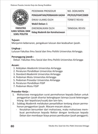Fakultas Ilmu Sosial dan Ilmu Politik Universitas Airlangga
Pedoman Prosedur, Instruksi Kerja dan Borang Pendidikan
80
PEDOMAN PROSEDUR NO. DOKUMEN
PENGGANTIAN/PERBAIKAN IJAZAH PP/019/FISIP/2009
DIKAJI ULANG OLEH TERBIT/ REVISI
Wakil Dekan 1
FAKULTAS
ILMU SOSIAL DAN
ILMU POLITIK
DIKENDALIKAN OLEH TANGGAL REVISI
Kabag Akademik dan Kemahasiswaan
Tujuan:
Menjamin kebenaran, pengakuan lulusan dan keabsahan ijazah.
Lingkup :
Lulusan Fakultas Ilmu Sosial dan Ilmu Politik Universitas Airlangga.
Penanggung jawab :
Dekan Fakultas Ilmu Sosial dan Ilmu Politik Universitas Airlangga
Acuan:
1. Kebijakan Akademik Universitas Airlangga
2. Peraturan Pendidikan Universitas Airlangga
3. Standard Akademik Universitas Airlangga
4. Pedoman Mutu Universitas Airlangga
5. Pedoman Prosedur Universitas Airlangga
6. Peraturan Pendidikan FISIP
7. Pedoman Mutu FISIP
Prosedur Kerja :
1. Mahasiswa mengajukan surat permohonan kepada Dekan untuk
penggantian ijazah disertai kelengkapan lainnya (surat keterangan
hilang dari kepolisian/rusak) dan lain-lain;
2. Subbag Akademik melakukan penyelidikan tentang alasan permo-
honan penggantian ijazah. Macam-macam alasan :
- Kesalahan bersumber dari mahasiswa, maka mahasiswa mem-
buat permohonan kepada Rektor dengan tembusan kepada
Dekan dan membayar biaya proses pembuatan ijazah pengganti;
 
