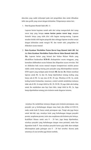 data-data yang sudah terkumpul pada unit pengolahan data untuk dibuatkan
table atau grafik yang sesuai dengan kebutuhan. Pelaporannya antara lain :
1. Data Kegiatan Rumah Sakit (RL 1)
Laporan harian kegiatan rumah sakit dari setiap ruangan,baik dari ruang
rawat inap yang berupa sensus harian pasien rawat inap, ataupun
formulir lainya yang telah diisi oleh bagian masing-masing. Laporan
tersebut diolah oleh bagian pengolah data sehingga laporan tersebut sesuai
dengan kebutuhan untuk mengisi RL dan rumah sakit, pengolahan ini
dilakukan secara manual.
2. Data Keadaan Morbiditas Pasien Rawat Inap Rumah Sakit (RL 2a)
dan Data Keadaan Morbiditas Pasien Rawat Jalan Rumah Sakit (RL
2b). Laporan harian yang berasal dari berkas Rekam Medis yang
dikodifikasi berdasarkan ICD-10, direkapitulasi secara mingguan, yang
kemudian didibuatkan secara bulanan dan dilaporkan secara triwulan. Hal
ini dilakukan baik secara manual maupun komputerisasi melalui proses
indeks untuk masing-masing jenis penyakit yang dikelompokkan menurut
DTD seperti yang terdapat pada formulir RL 2a dan 2b. Dalam membuat
laporan untuk RL 2a dan 2b, harap diperhatikan tentang koding yang
hanya ada di RL 2a saja atau di RL 2b saja. Misalnya di RL 2a, untuk
koding kontrol kehamilan, imunisasi, control setelah melahirkan tentunya
tidak ada di RL 2a tetapi lebih ke RL 2b. Di RL 2b juga tidak ada koding
untuk ibu melahirkan atau bayi baru lahir, tetapi lebih ke RL 2a. Juga
harap diperhatikan tentang jenis kelamin untuk diagnose tertentu,
misalnya ibu melahirkan tentunya dengan jenis kelamin perempuan, atau
penyakit yan g berhubungan dengan masa haid, jika dilihat di ICD-10,
maka untuk kode 0, hanya untuk perempuan saja. Tetapi ada juga hanya
untuk laki-laki saja, misalnya kode yang berhubungan dengan penyakit
prostat, neoplasma prostat, testis atau neoplesma alat kelamin pria lainnya.
Kodifikasi khusus untuk usia 0 – 28 hari, juga harap diperhatikan,
misalnya penyakit yang berhubungan dengan masa perinatal, maka bias
digunakan kode P. Atau misalnya penyakit karies gigi tidak akan terdapat
dikelompokan pada golongan usia 0 – 28 hari tersebut. Karena pada
umumnya di usia tersebut gigi belum tumbuh,
 